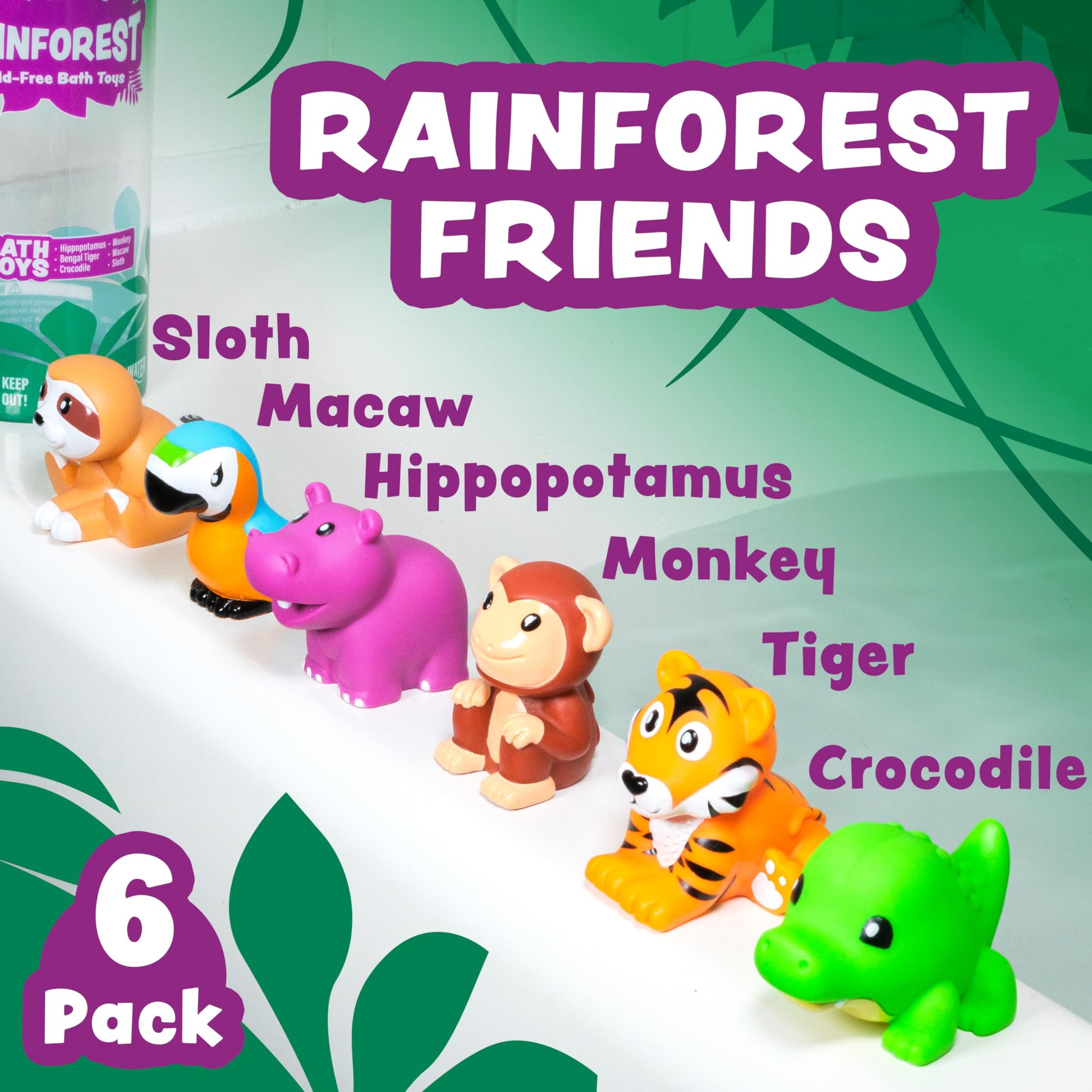Tub Works® Rainforest™ Mold Free Bath Toys, 6 Pack | Sealed, No Hole Bath Toys Design Keeps Moisture Out | Soft, Squeezable & Float on Water |