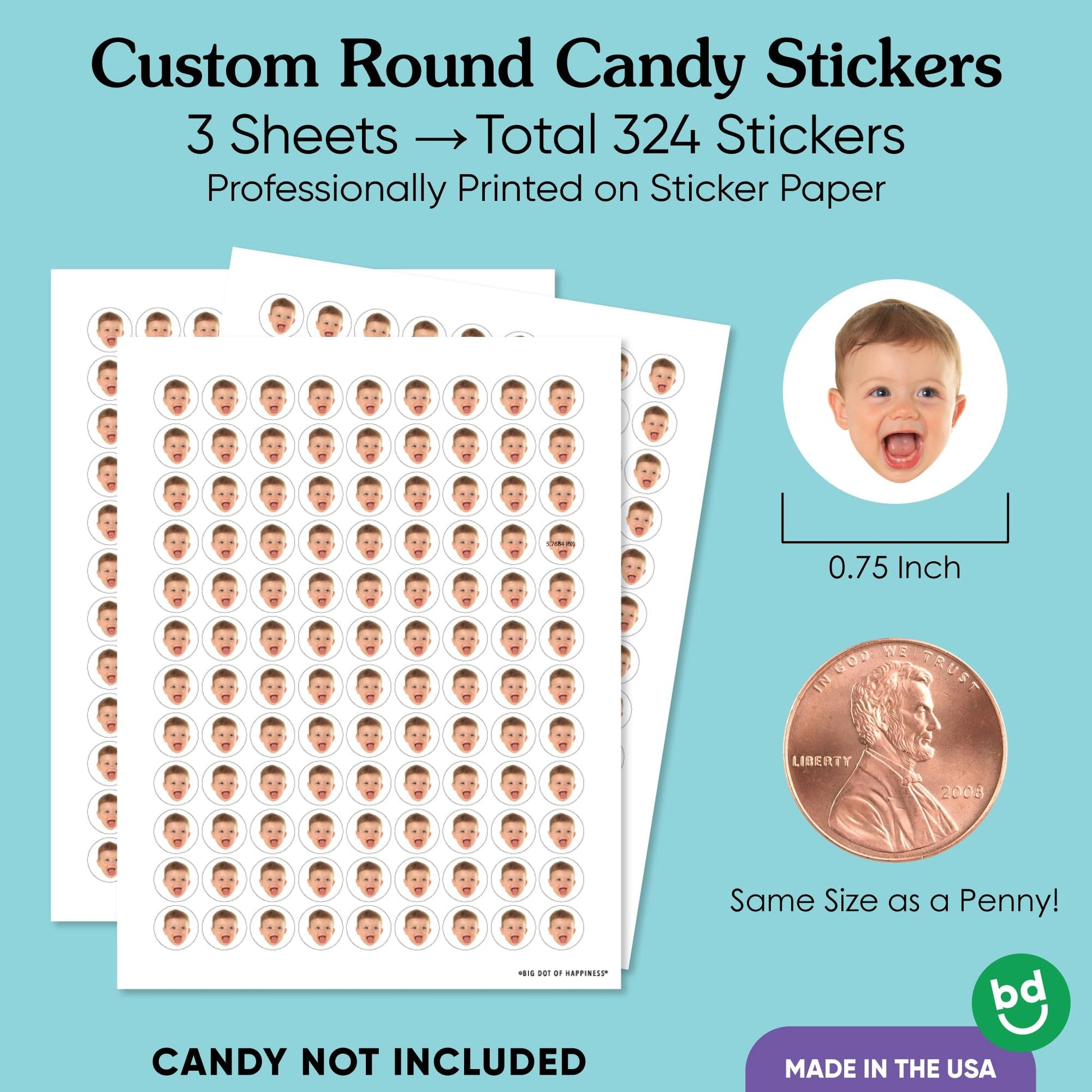 Big Dot of Happiness Custom Photo Fun Face Candy Stickers, Personalized Face Cut Out Candy Sticker Labels, Round Dessert Treat Stickers, 324 Count