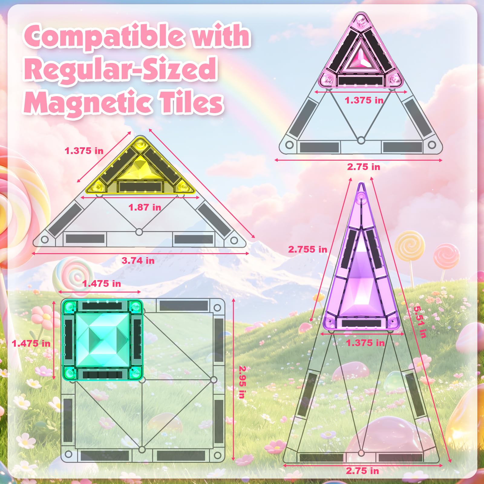 Mini Magnetic Tiles with 2 Little Action People, Light Up Travel Tiles with Magnetic Action Figures for Princess Castle, Micro Magnet Portable Toys