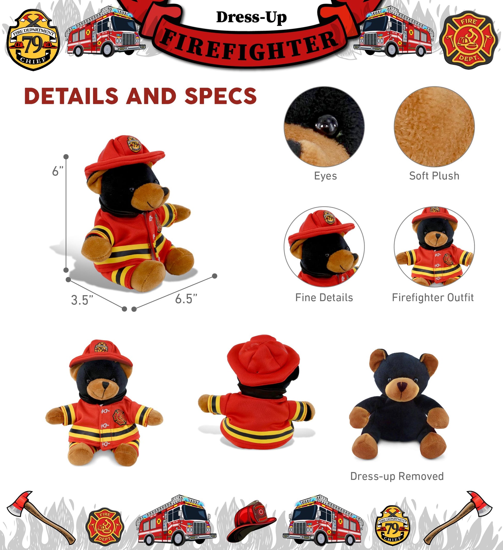 DolliBu Black Bear Firefighter Stuffed Animal with Name Personalization - Super Soft Bear with Red Fireman Costume Outfit and Fireman Hat, Cute Fire