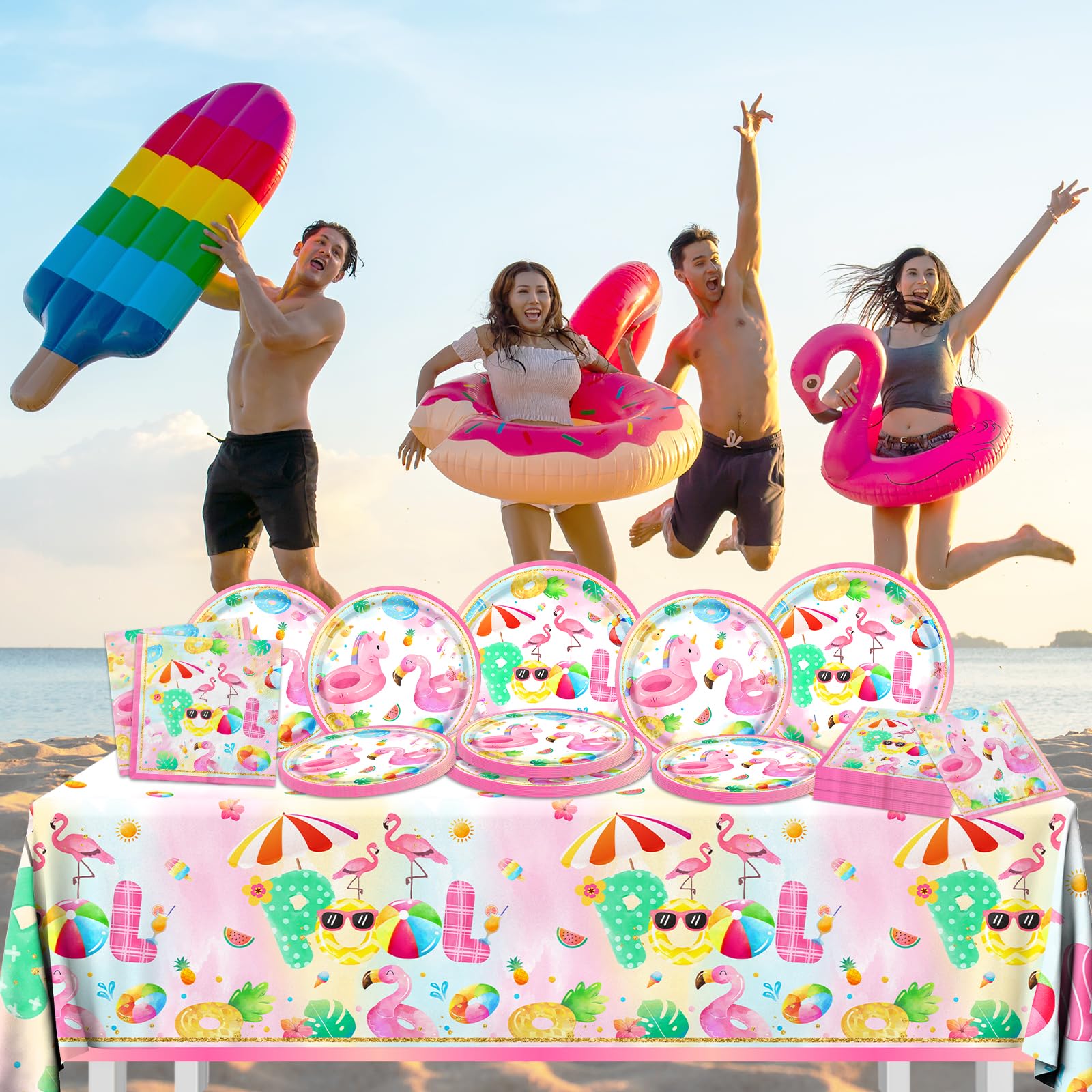 61pcs Pool Party Decorations Supplies Swimming Pool Party Tableware Pink Pool Party Plates and Napkins Summer Hawaiian Beach Birthday Favors