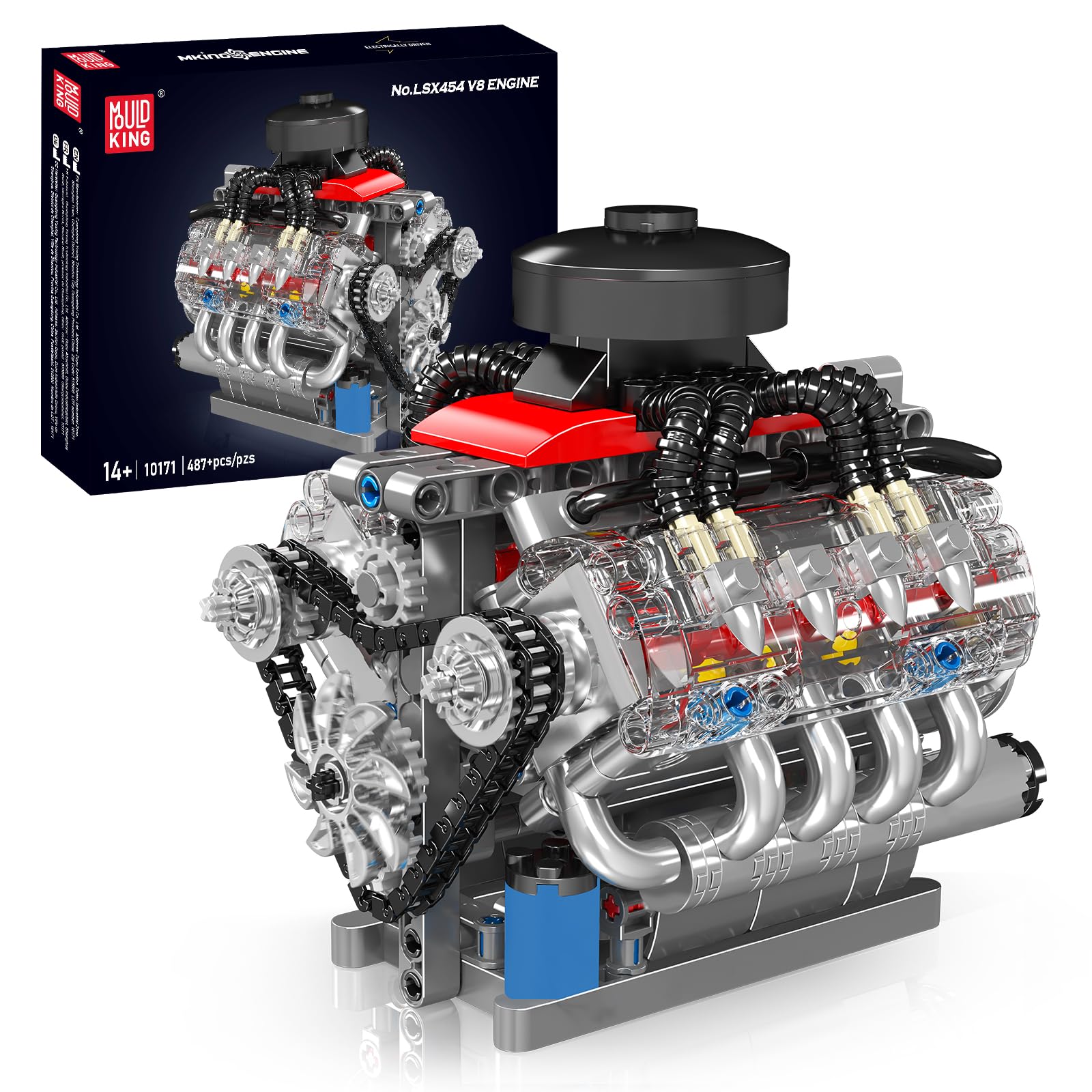 Mould King 10171 V8 Engine Model Kit That Works, 8 Cylinder Car Engine with Motor, Building Blocks Collectibles for Adults, STEM Build Set (487