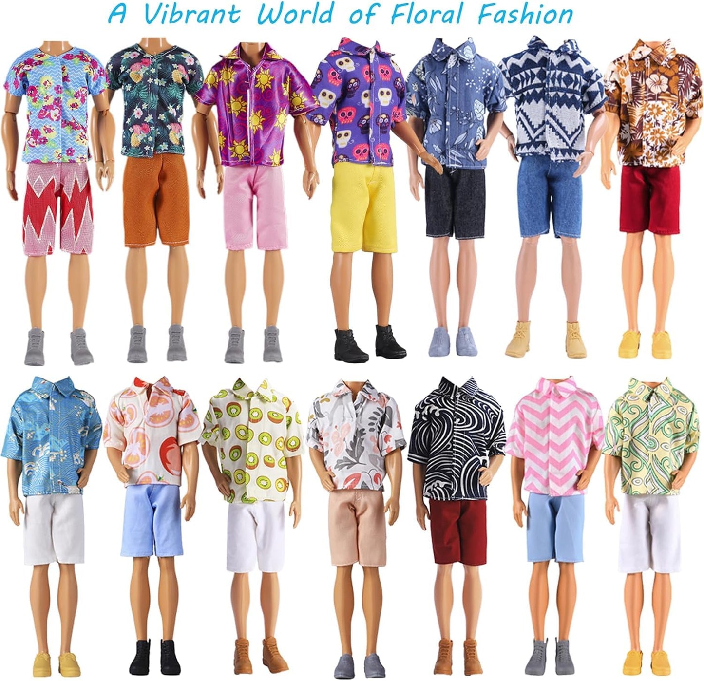 E-TING 10-Item Fantastic Pack = 1 Black-tie Suit with a Shirt + 3 Sets of Casual Wear Clothes Outfit + 1 pc Swim Trunks + 5 Pairs Shoes for 12inches