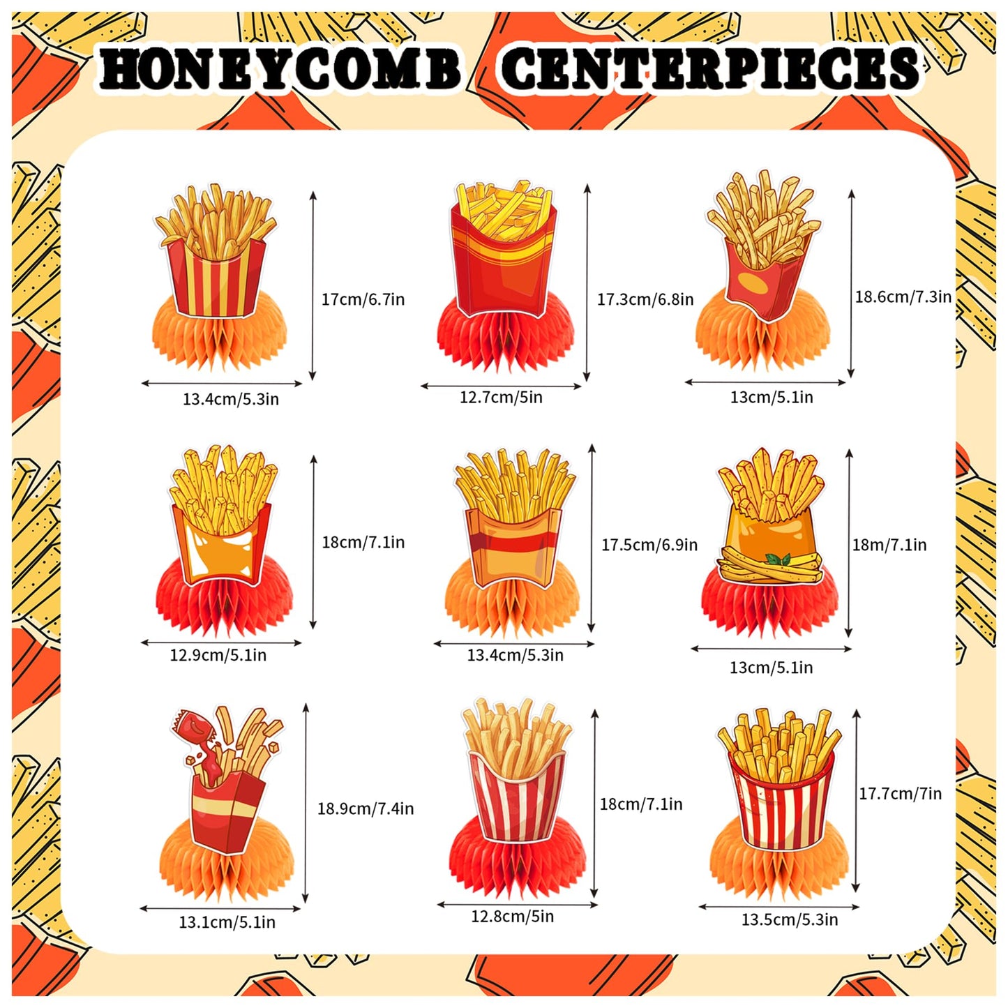 9 PCS French Fries Table Decorations Honeycomb Centerpiece, French Fries Centerpieces Table Topper for Fast Food French Fries Party Decorations