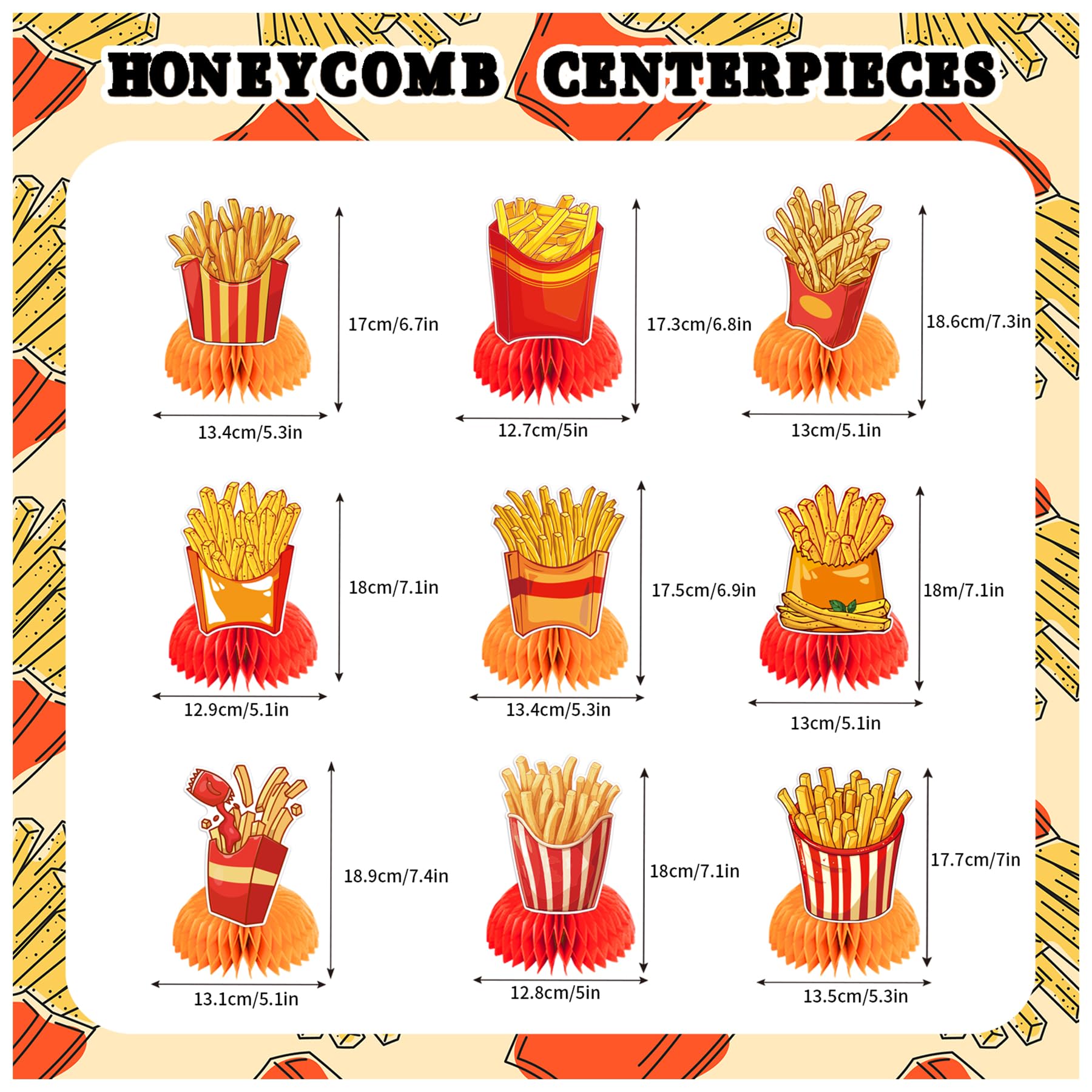 9 PCS French Fries Table Decorations Honeycomb Centerpiece, French Fries Centerpieces Table Topper for Fast Food French Fries Party Decorations