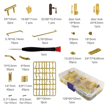 iland 1/12 Scale Dollhouse Accessories, 700+ PCS Miniature Hardware Kit: 20 Kinds Mini Knobs, Hinges, Handles & Locks w/Screws, Miniature Building