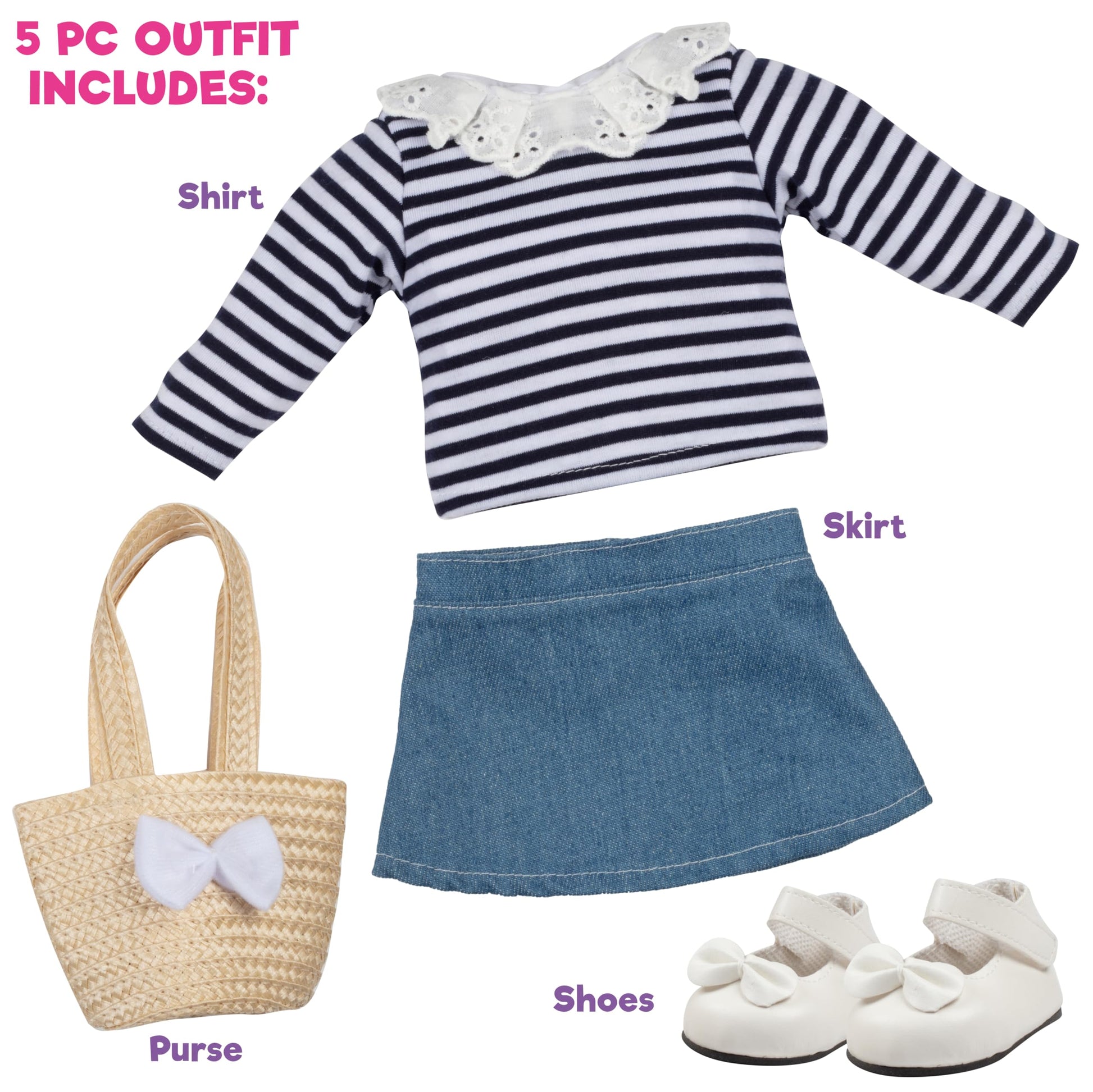 Dress Along Dolly Casual Spring Preppy Doll Outfit for 18" Dolls - Compatible w American Girl- Premium Handmade Clothes -4 Pc Set Includes Shirt