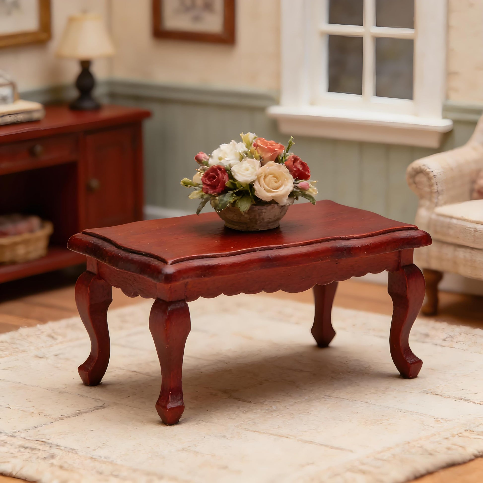 Miniature Red Wooden Coffee Table, 1:12 Scale Dollhouse Furniture, 9.1 x 4.4 x 14.2 cm, Suitable for Room and Queue Decoration Furniture Model