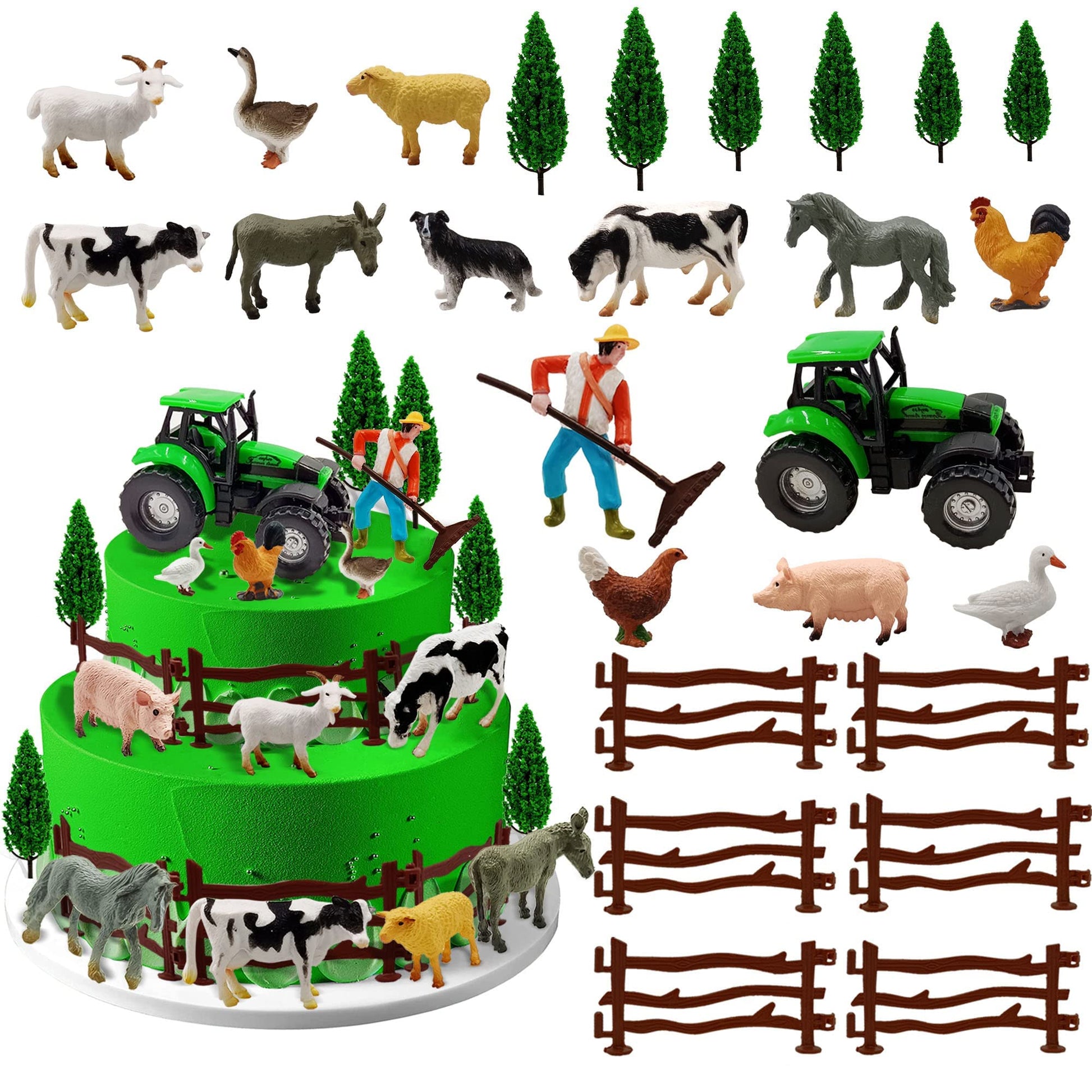 26 PCS Mini Farm Animal Tractor Cake Topper Set with Tree Farmer Fences Cow Pig Sheep Figures Tractor farmer Cake Topper for Boy Girl Birthday Party