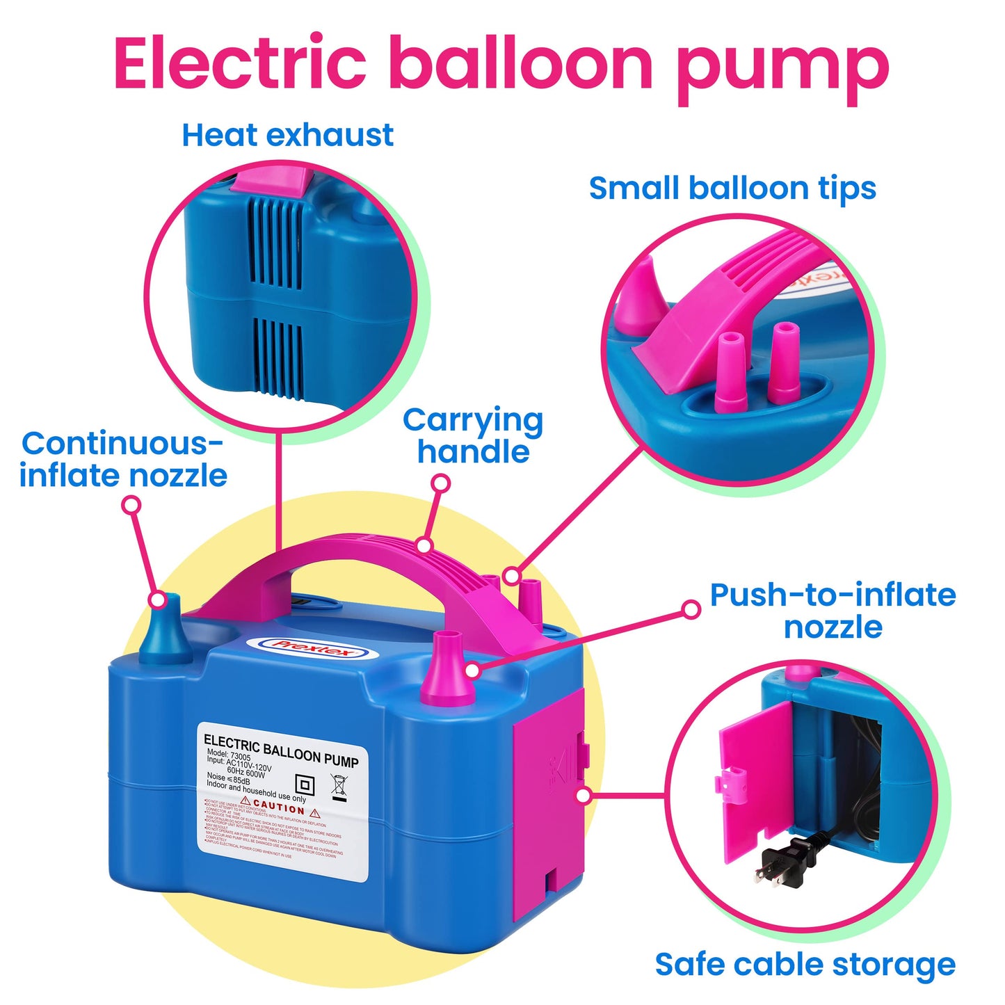 Prextex Balloons Electric Pump Inflate, Blue 110V 600W - Portable Pump with Air Blower & Dual Nozzle Inflator for Fast, Easy Bulk Balloons Filling