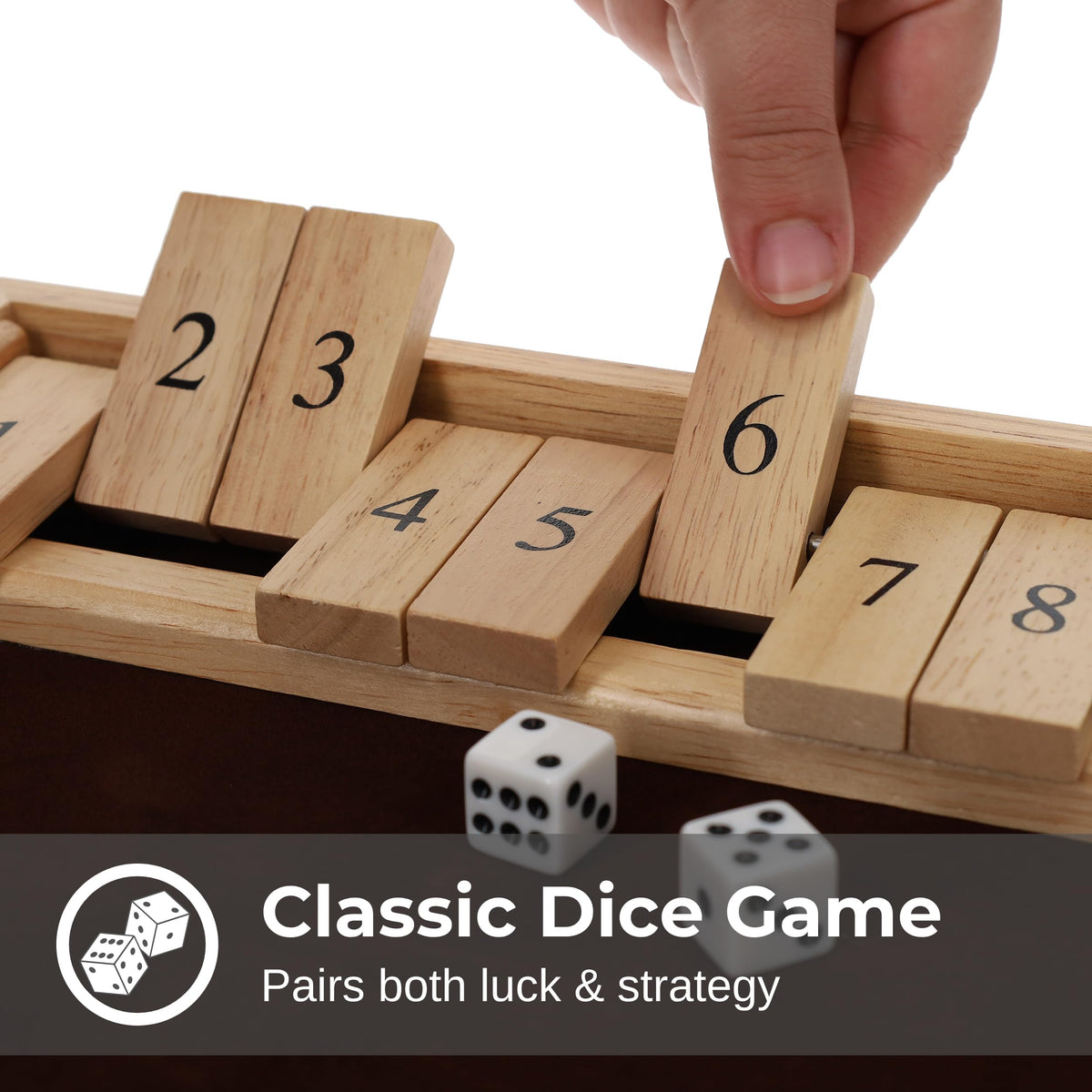 WE Games Wooden Shut the Box - Close the Box Set with 12 Number Tiles & 2 Dice Games - 13.5” Natural Wood Finish