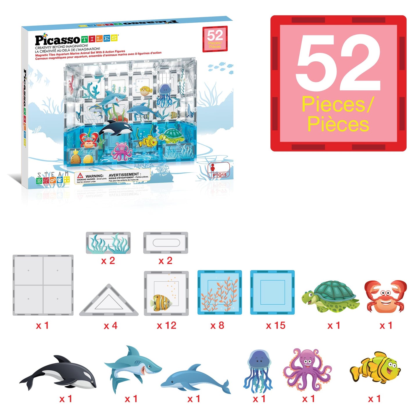 PicassoTiles Magnet Tiles Magnetic Building Blocks Aquarium Marine Animal Theme Set with 8 Character Action Figures Shark Crab Turtle STEM Toys