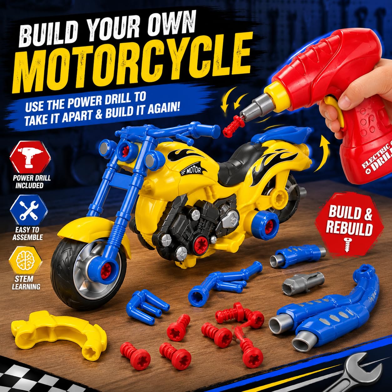Take-Apart Motorcycle with Electric Drill, Lights, Sounds and 20+ Pieces