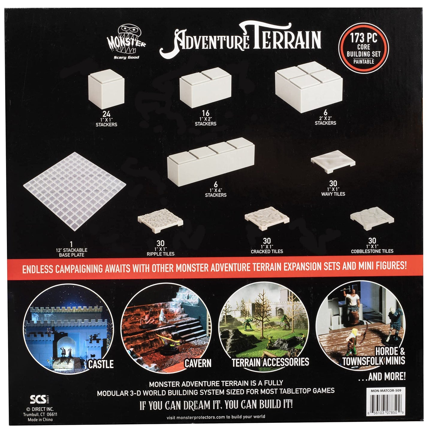 Monster Adventure Terrain 3D Interchangeable Builder System - 173pc PAINTABLE Core Building Set w Base - Build Modular Worlds in a Snap & Elevate Your