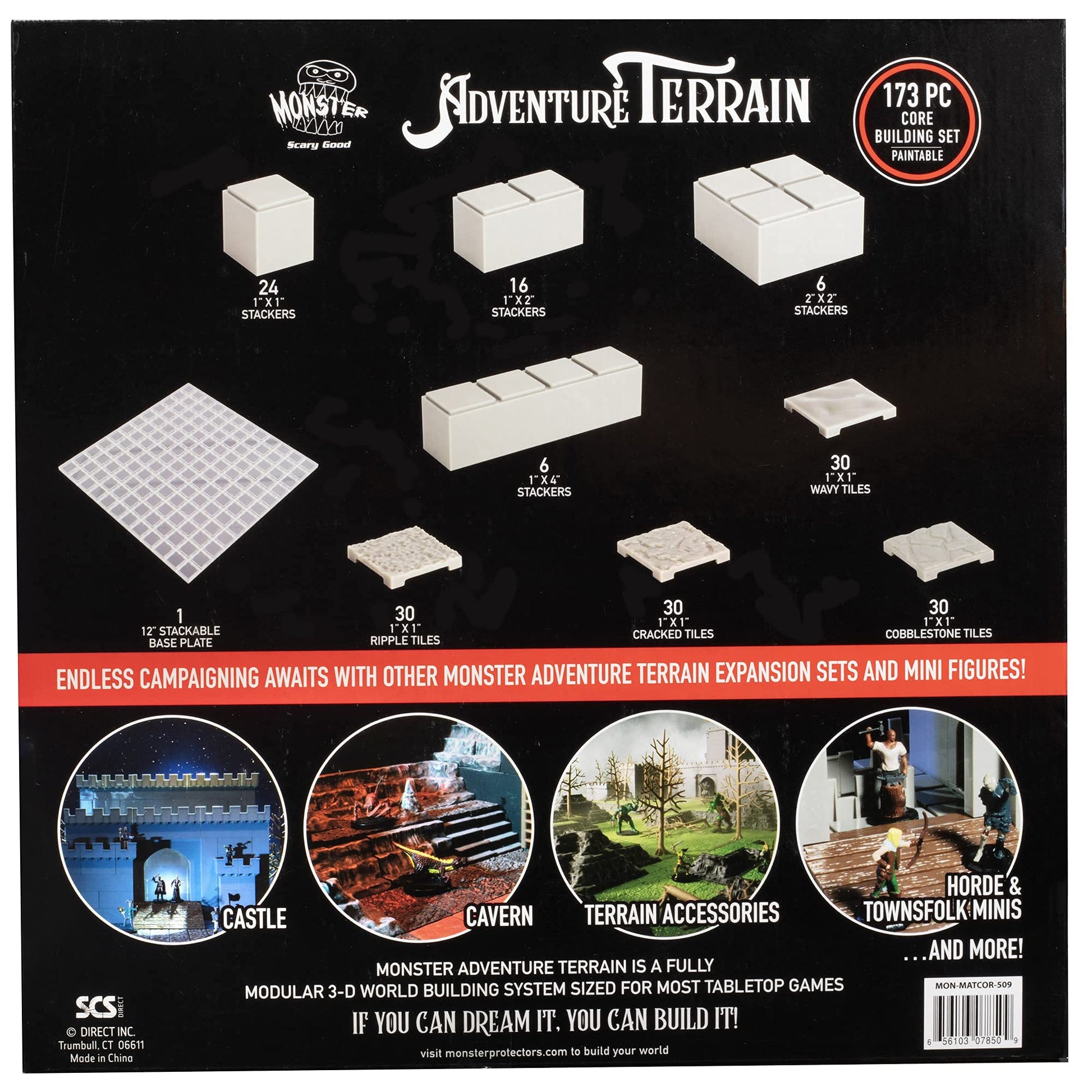 Monster Adventure Terrain 3D Interchangeable Builder System - 173pc PAINTABLE Core Building Set w Base - Build Modular Worlds in a Snap & Elevate Your
