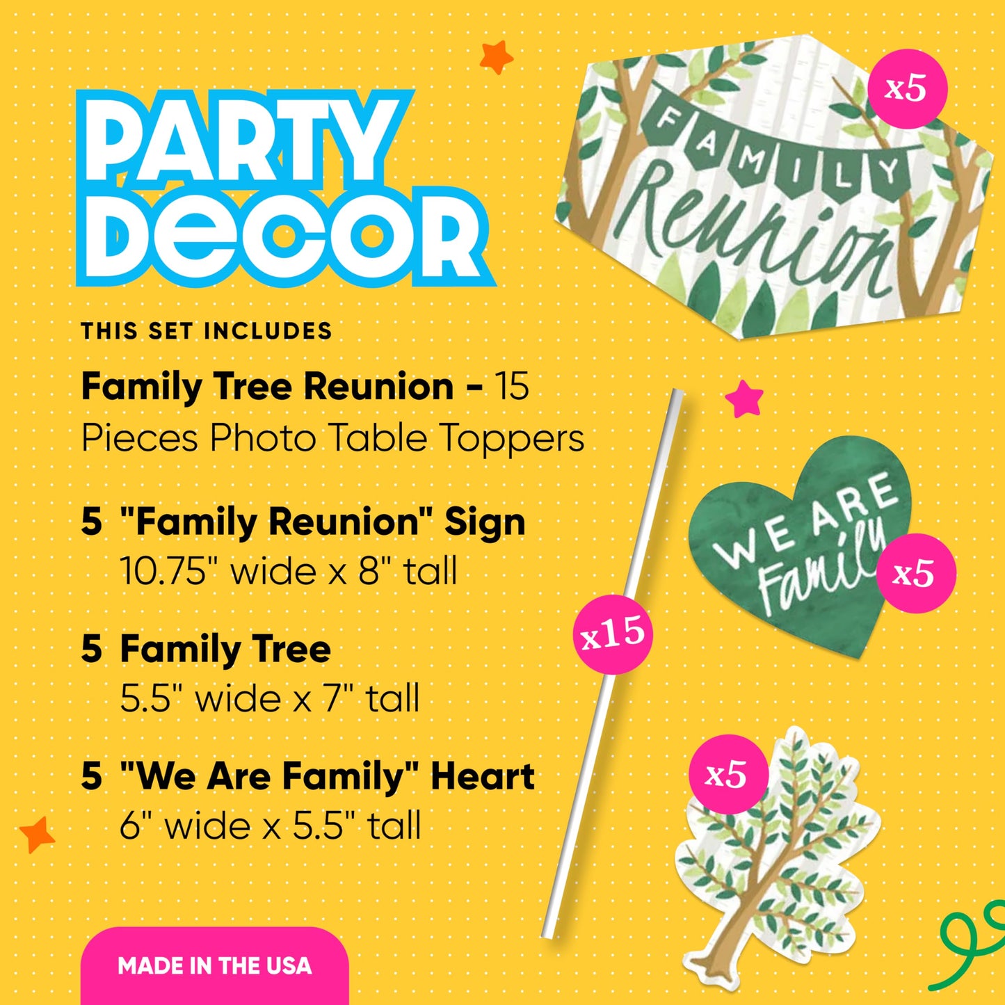 Big Dot of Happiness Family Tree Reunion Table Toppers Centerpiece Display Kit - 15-Piece Premium Cardstock Table Decorations, Double-Sided Printed