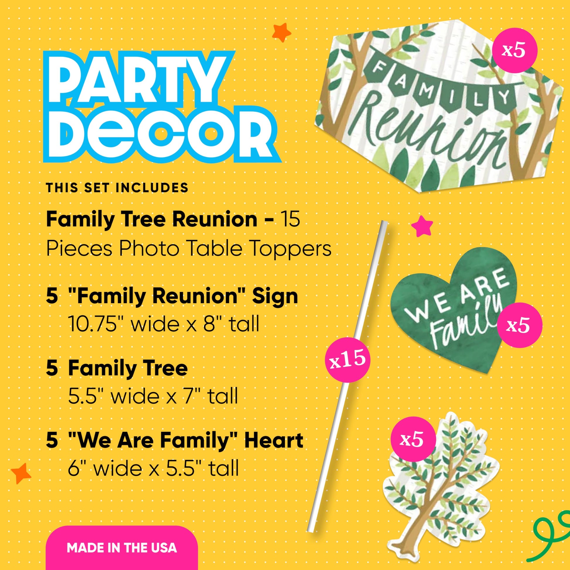 Big Dot of Happiness Family Tree Reunion Table Toppers Centerpiece Display Kit - 15-Piece Premium Cardstock Table Decorations, Double-Sided Printed