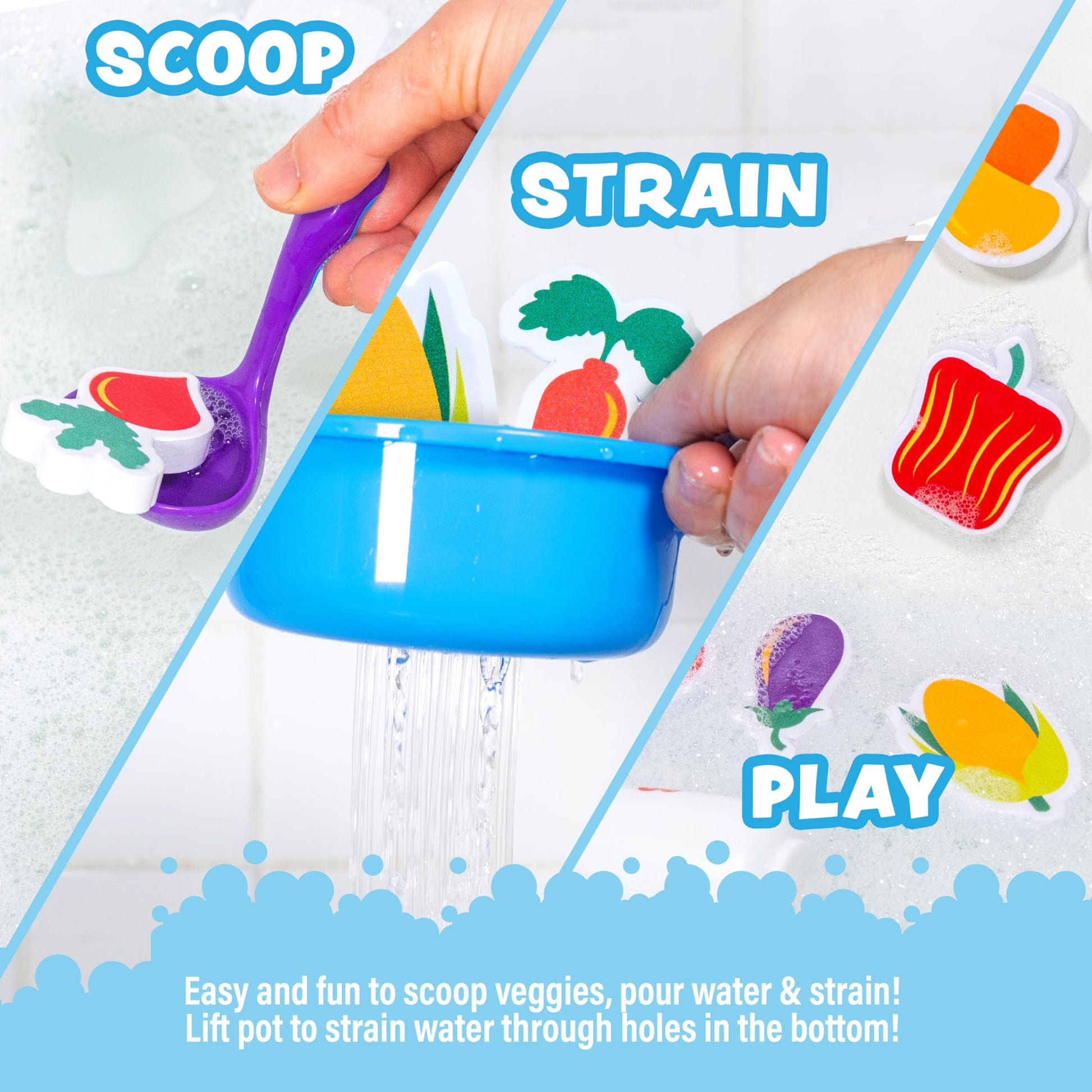 Tub Works® Tub Soup™ Scoop, Strain & Play Toddler Bath Toy | Floating Foam Veggies, Ladle for Scooping & Soup Pot for Straining | Pretend Play Cooking