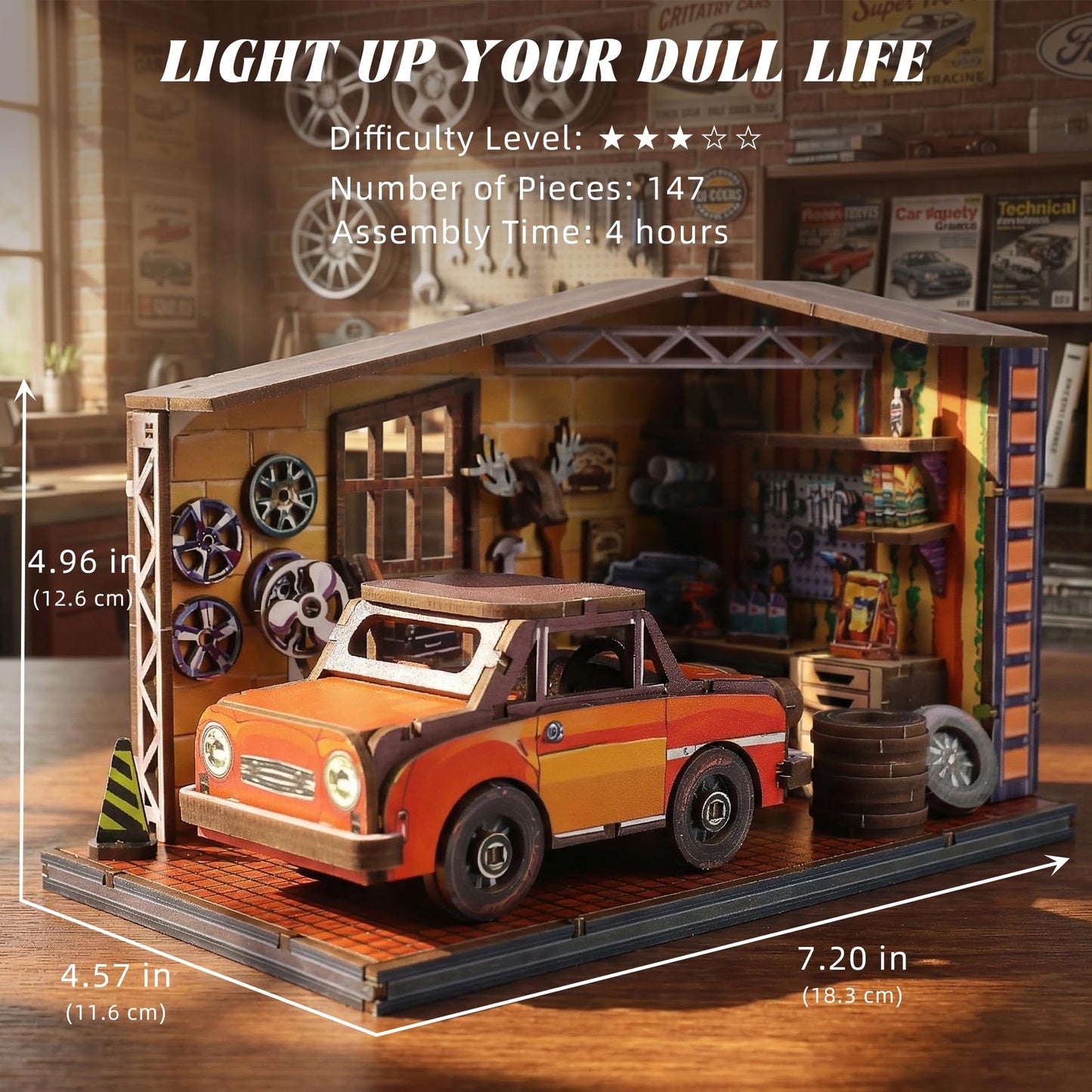 kolotesame Book Nook Kit, DIY Miniature House Kit for Adult 3D Wooden Puzzle with LED Light, Retro Garage Tiny House Bookshelf Insert Decor, Creative
