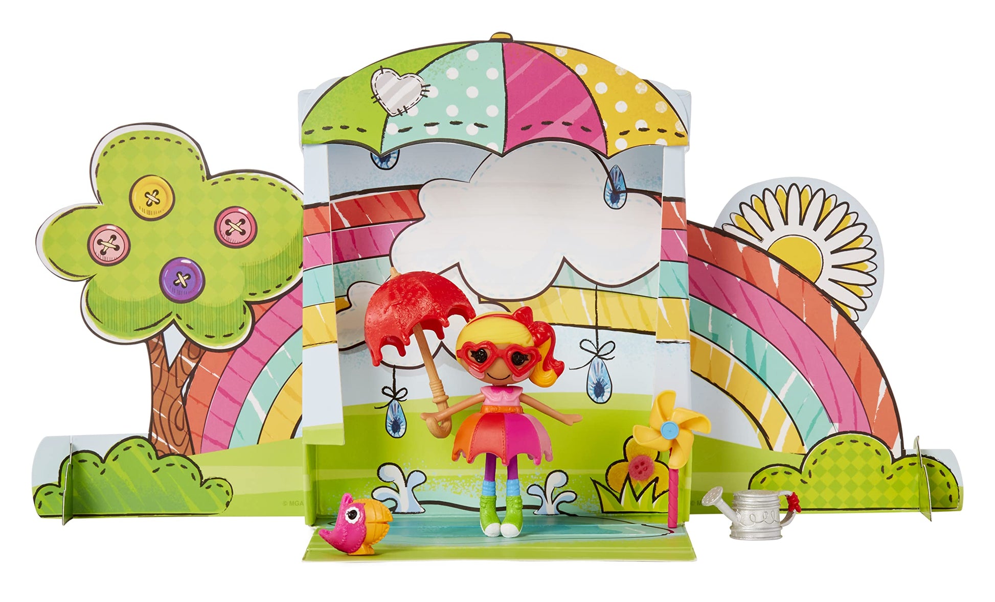 Lalaloopsy Mini Doll - April Sunsplash with Mini Pet Toucan, 3" Colorful Doll with Umbrella, Watering can & More Accessories in Reusable Package