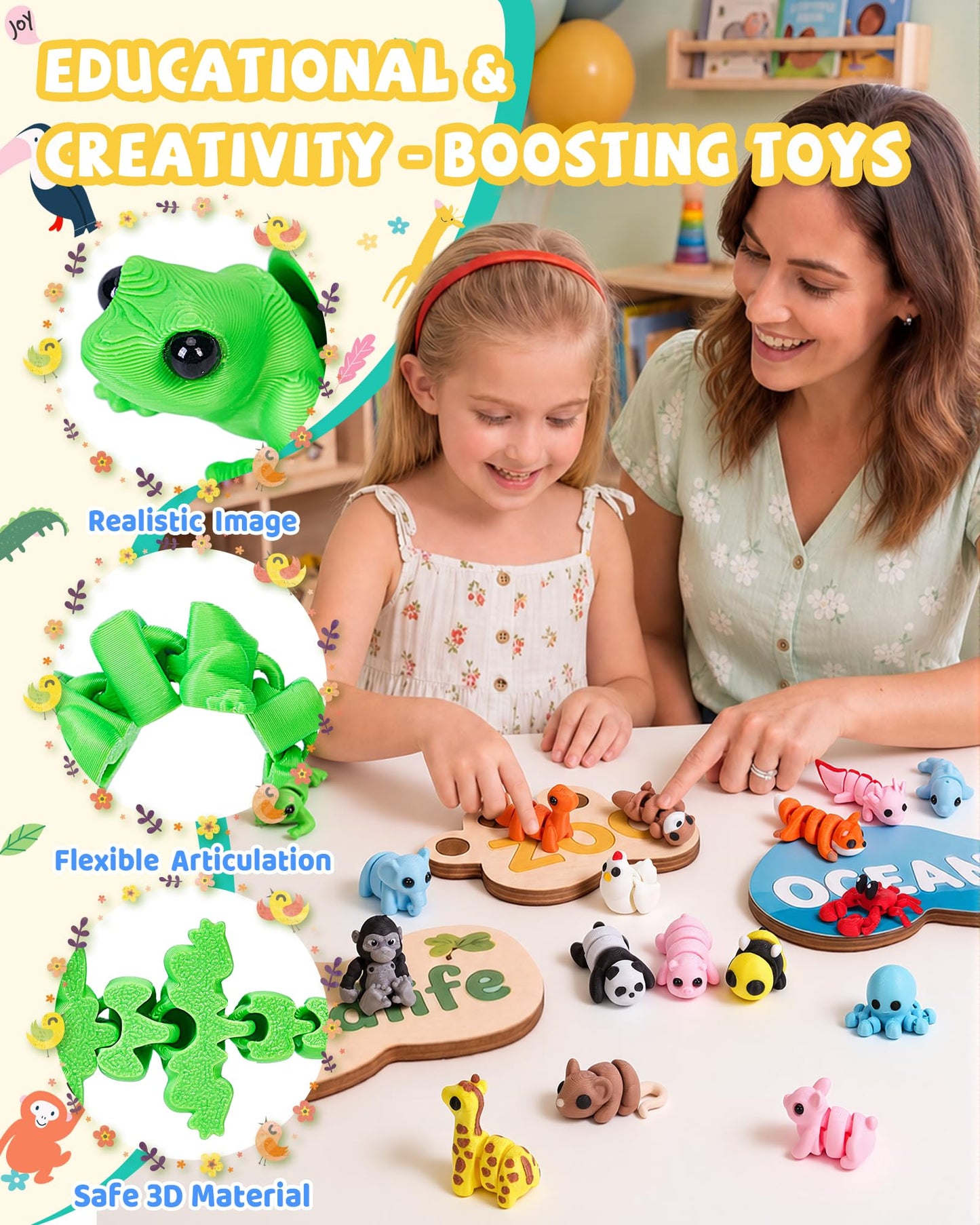 Aousin 36PCS Mini 3D Printed Animals Figurines Set, Adorable Articulated Flexible Desk Pets for Kids, Wild, Zoo & Sea Creatures, Valentines Day Gifts