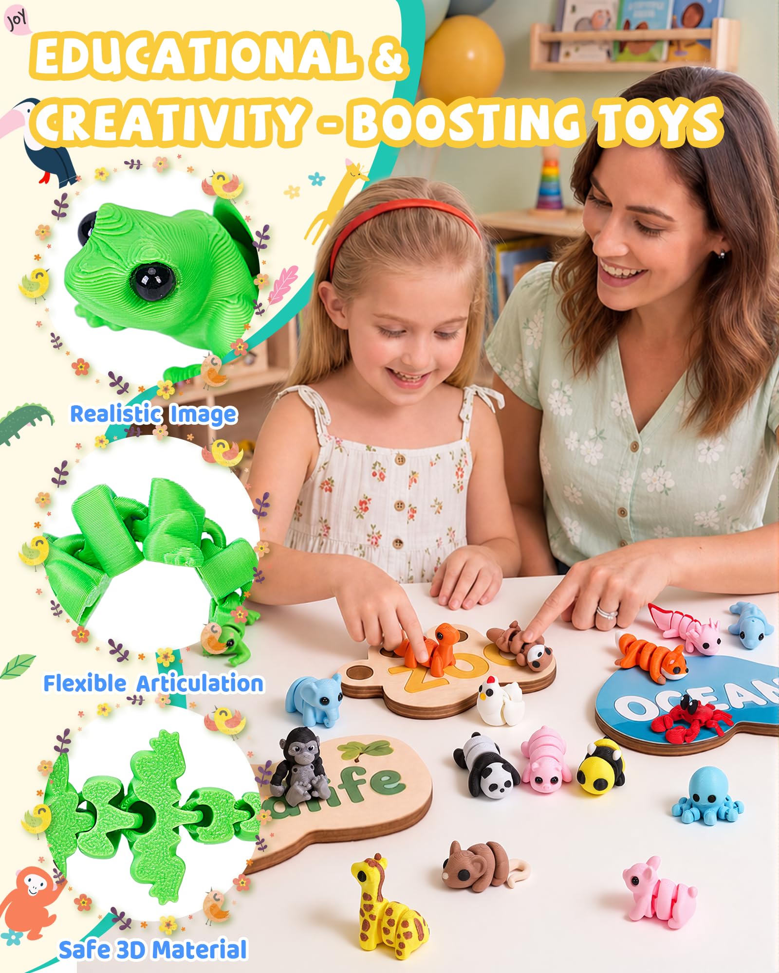 Aousin 36PCS Mini 3D Printed Animals Figurines Set, Adorable Articulated Flexible Desk Pets for Kids, Wild, Zoo & Sea Creatures, Valentines Day Gifts