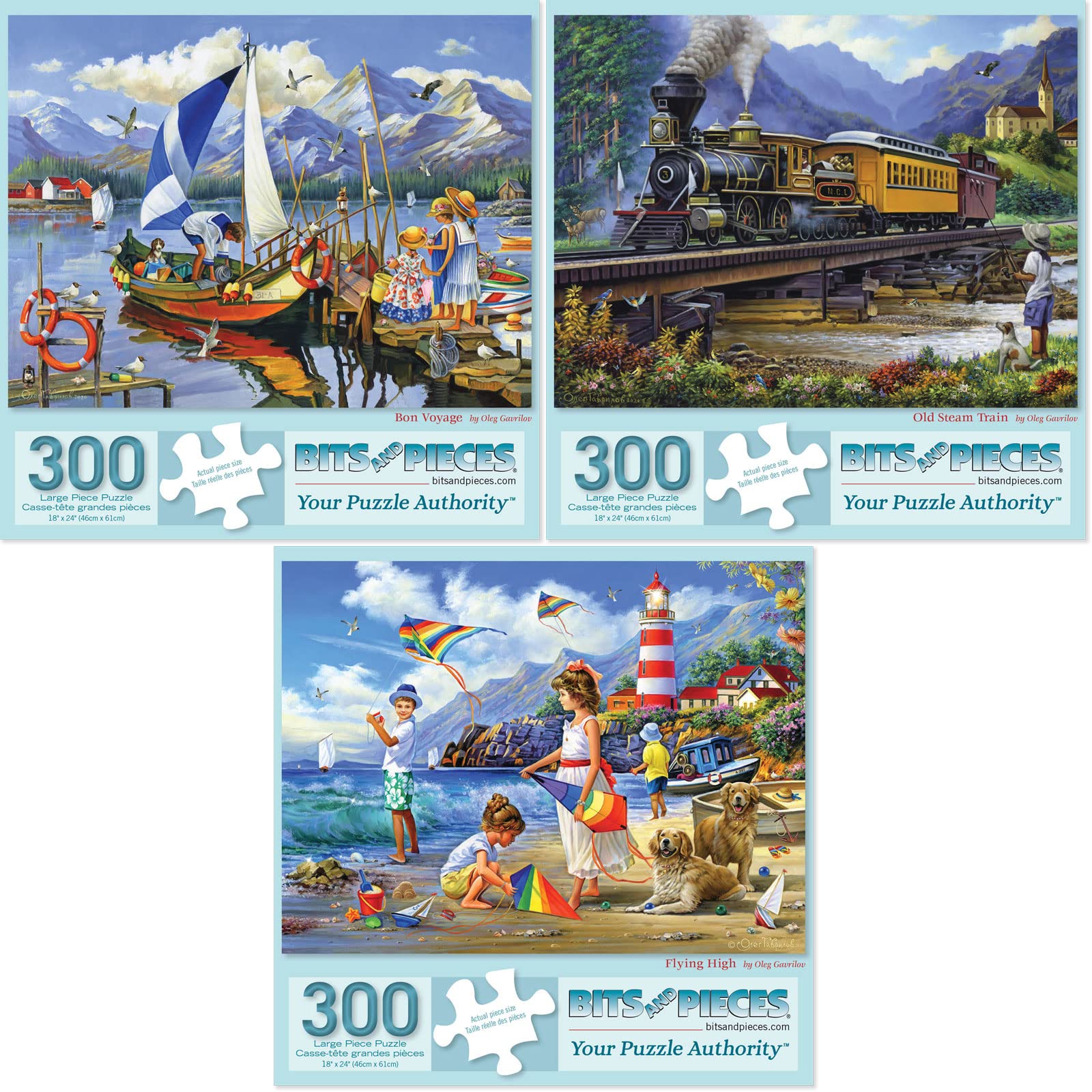 Bits and Pieces - Value Set of Three 300 Piece Jigsaw Puzzles for Adults - Old Steam Train, Flying High, Bon Voyage Jigsaw Puzzles by Artist Oleg