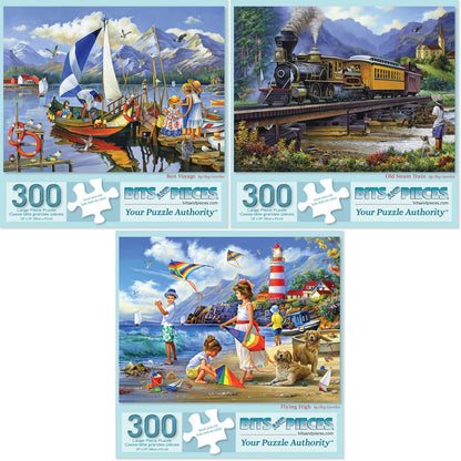 Bits and Pieces - Value Set of Three 300 Piece Jigsaw Puzzles for Adults - Old Steam Train, Flying High, Bon Voyage Jigsaw Puzzles by Artist Oleg
