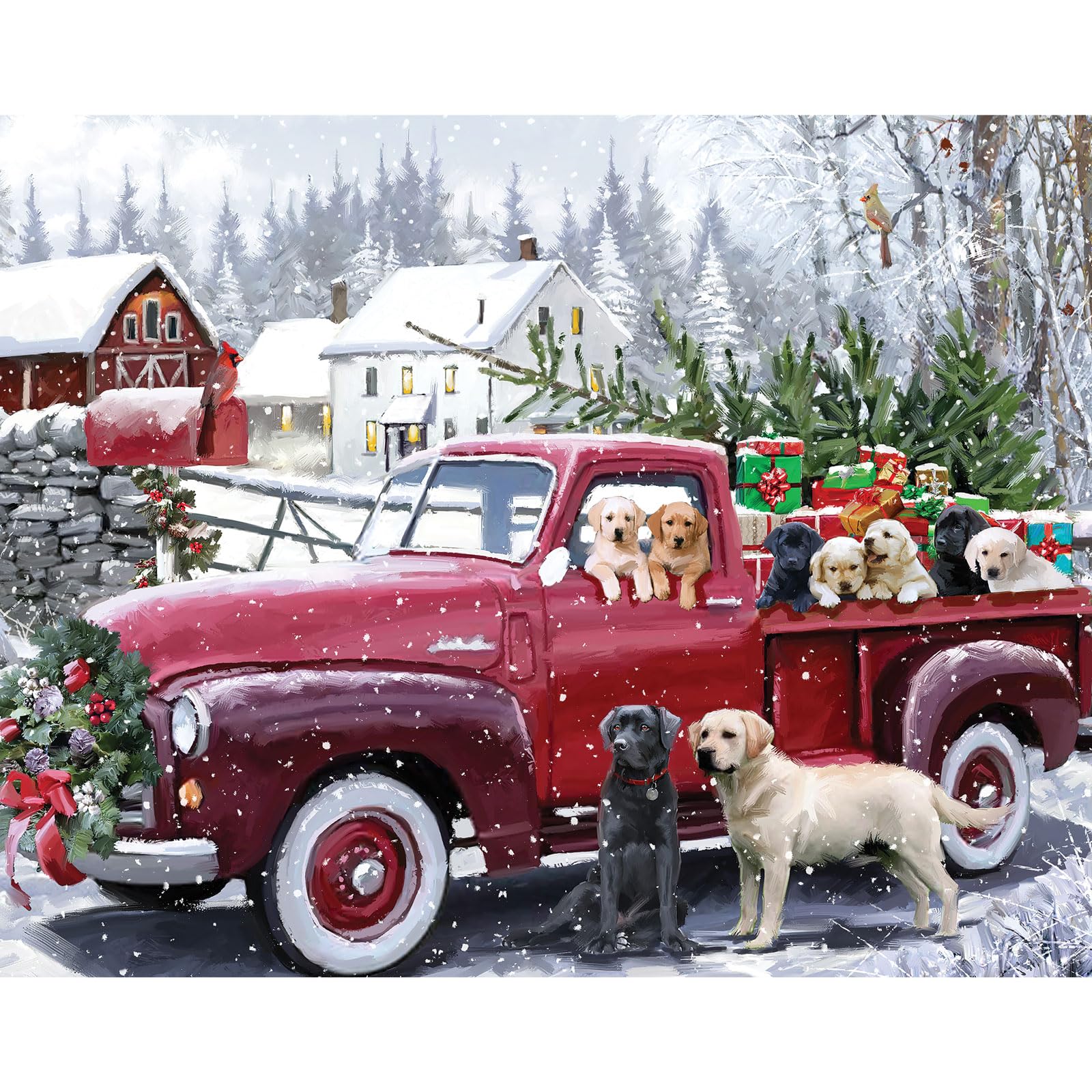 Bits and Pieces 100 Piece Puzzles for Adults 100 Extra Large Pieces 15" x 19" Jigsaw Puzzles, Red Truck Presents Dogs, Random Die Cut, No 2 Pieces