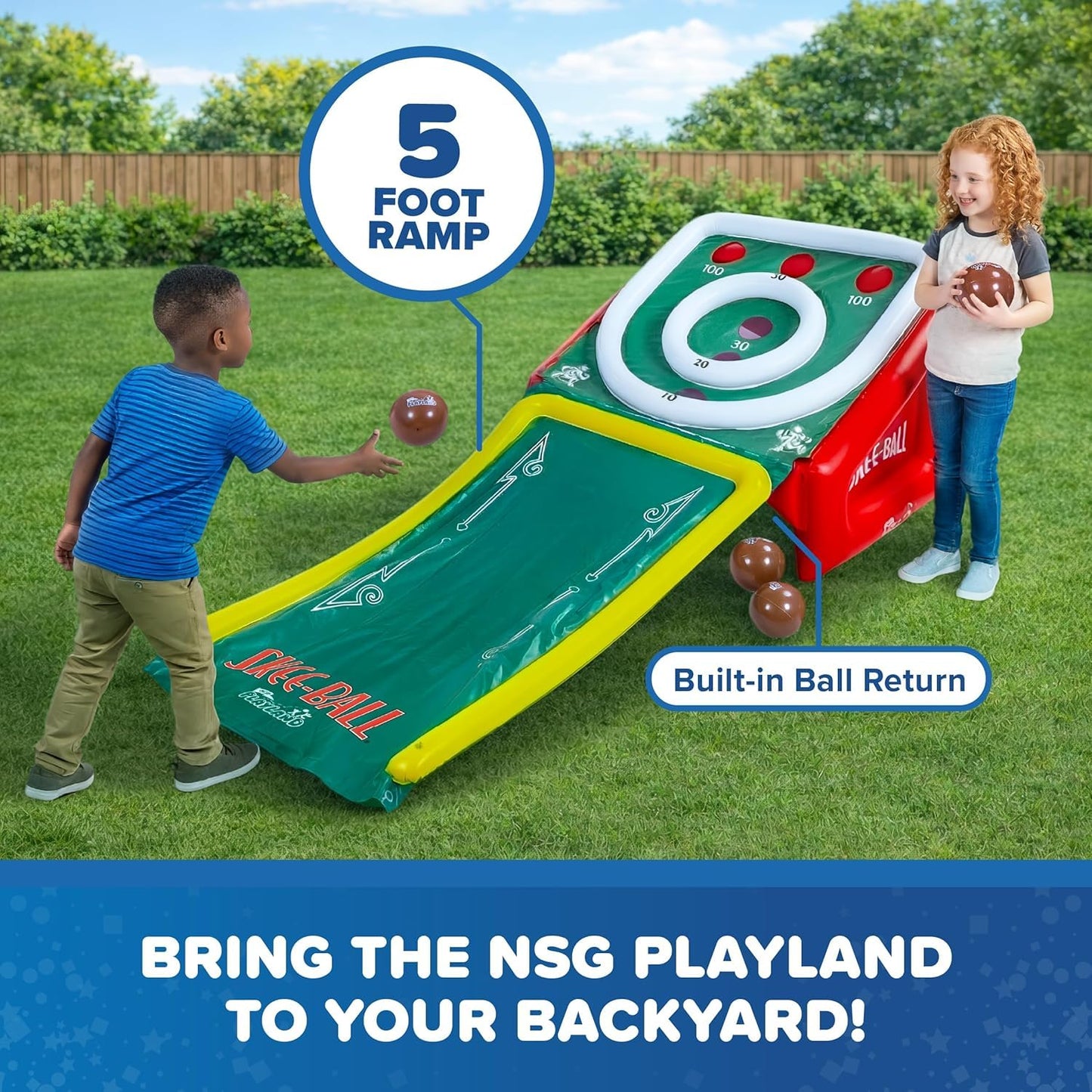 Playland Inflatable Skee Ball Game for Kids & Family - 5FT Indoor & Outdoor Arcade Toss Game with Ball Return, 4 Rubber Balls, Electric & Hand Pump
