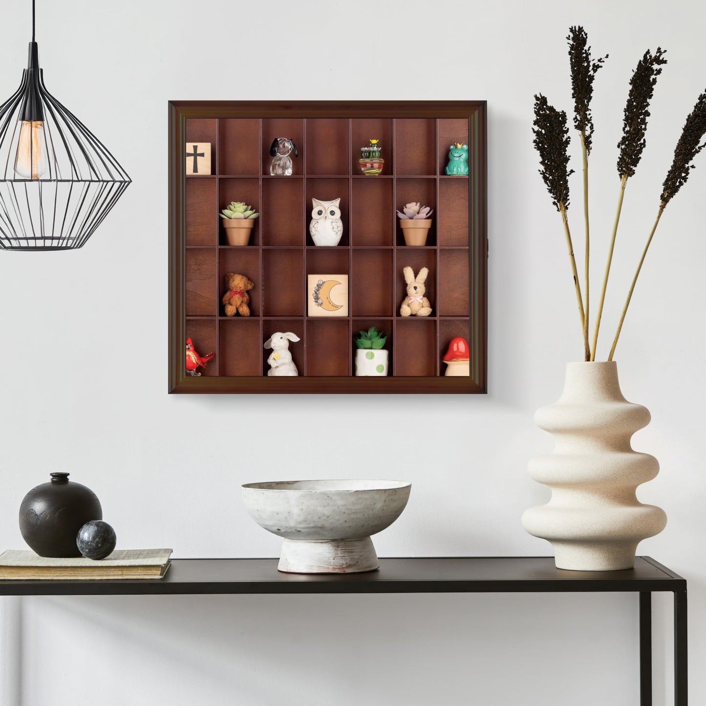 Gallery Solutions - 18x16 Shot Glass Collection - Walnut Collectable Display Case - Hinged Front - 28 Display Slots for Shot Glasses - Bar, Home