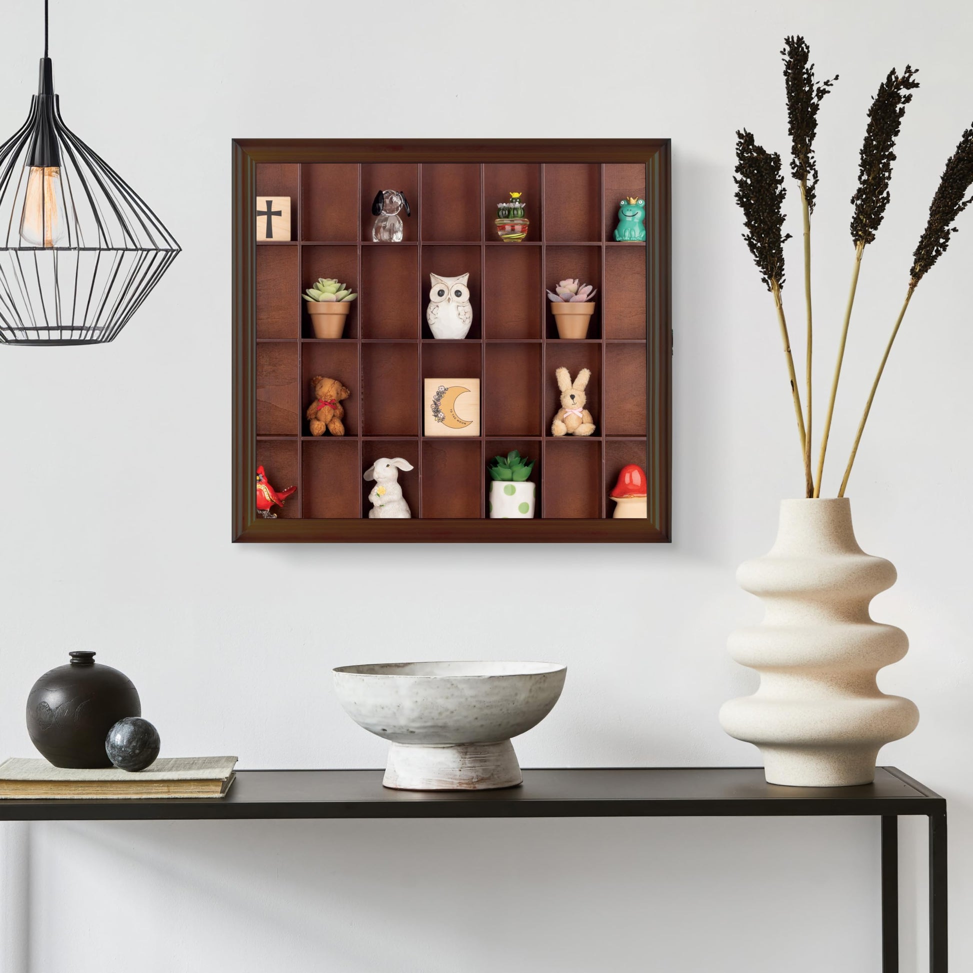 Gallery Solutions - 18x16 Shot Glass Collection - Walnut Collectable Display Case - Hinged Front - 28 Display Slots for Shot Glasses - Bar, Home