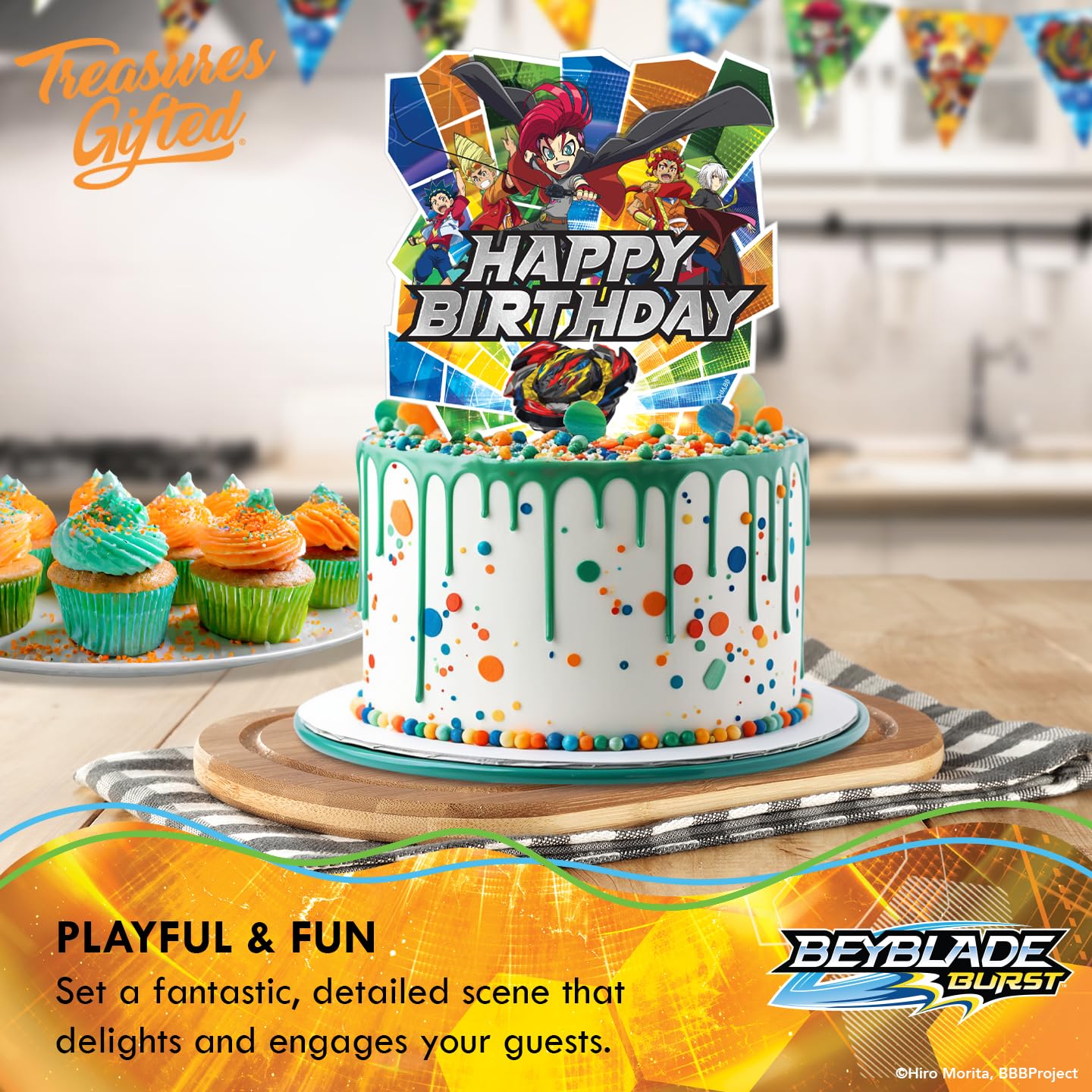 Treasures Gifted Officially Licensed BEYBLADE BURST Cake Topper Set - (1) BEYBLADE Cake Topper & (24) BEYBLADE Cupcake Topper & Wrappers - BEYBLADE