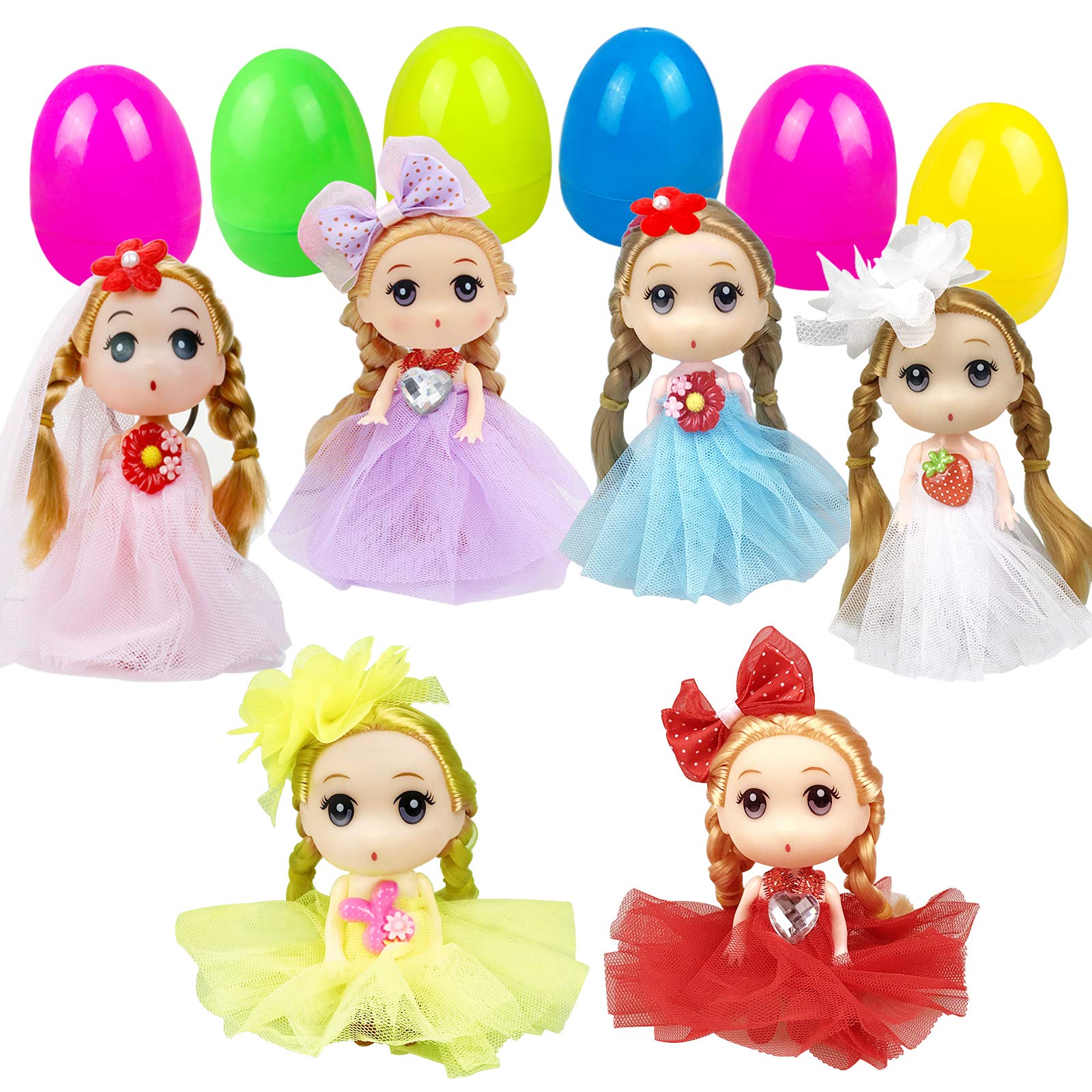 JIABNUKKN Easter Basket Stuffers Eggs Filled 6 Pack Large Eggs with Cute Dolls Inside, Easter Gifts Colorful Easter Egg Stuffers for Toddlers Kids