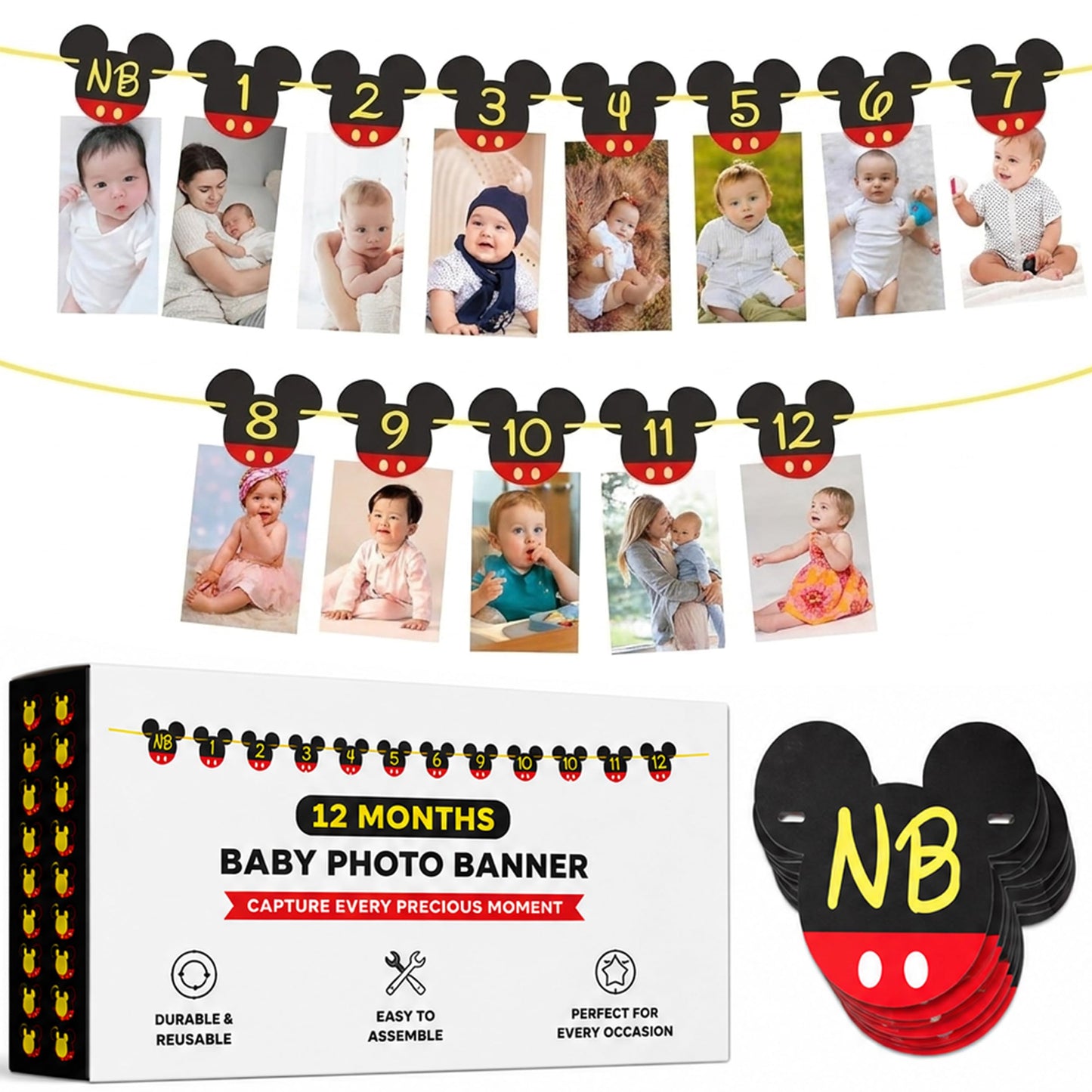 Mickey 1st Birthday Photo Banner - New Born to 12 Month First Birthday Banner - Mickey 1st Birthdays Decorations - Boy First Birthdays Decorations
