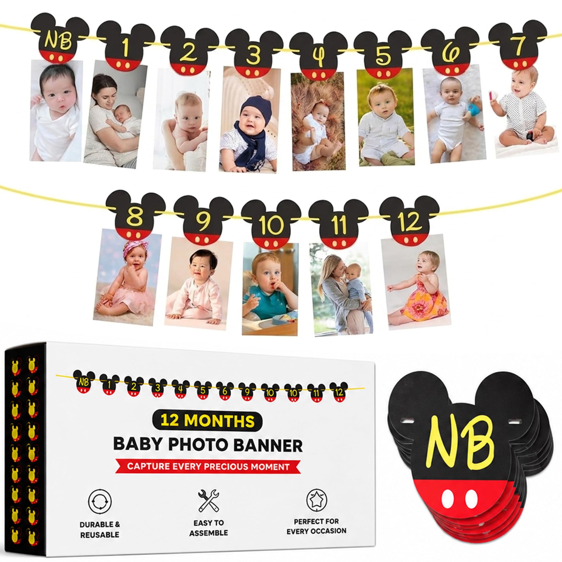 Mickey 1st Birthday Photo Banner - New Born to 12 Month First Birthday Banner - Mickey 1st Birthdays Decorations - Boy First Birthdays Decorations