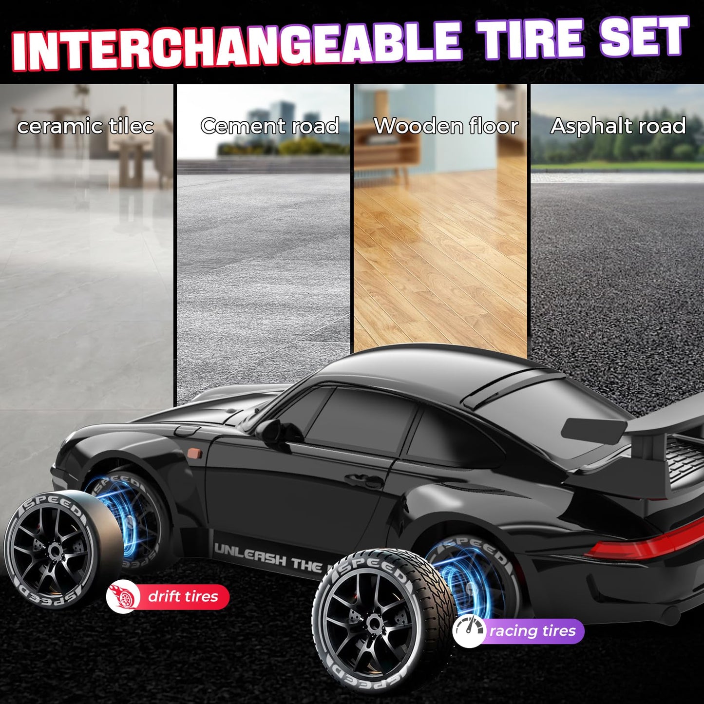RC Drift Car, 1:24 Remote Control Car with LED Lights, 3 Batteries Black