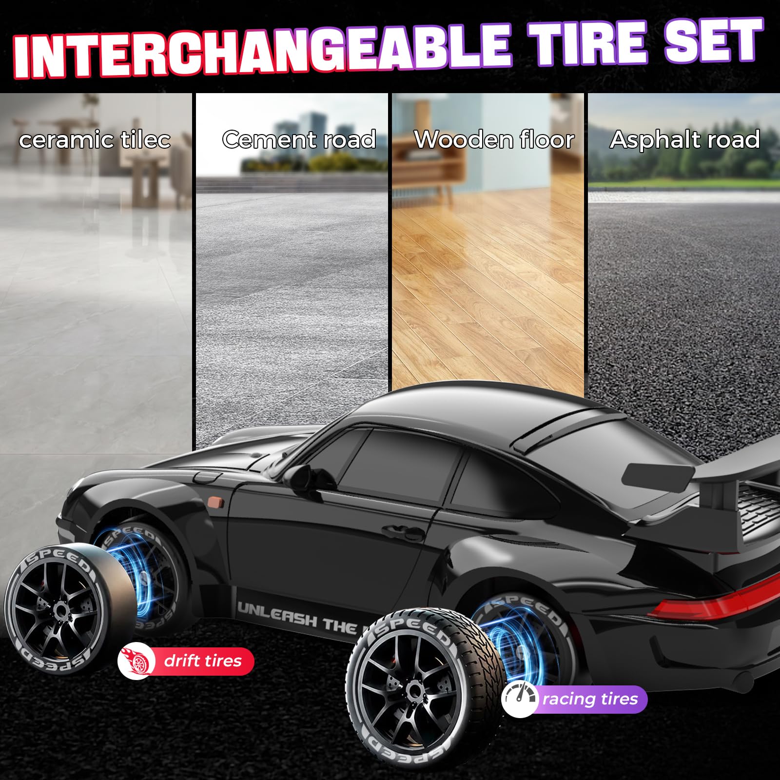 RC Drift Car, 1:24 Remote Control Car with LED Lights, 3 Batteries Black
