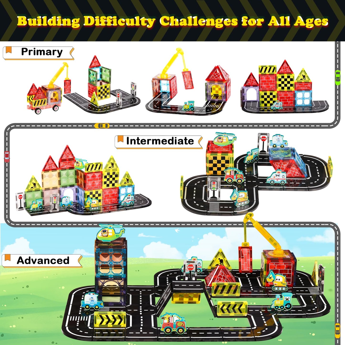 KEPLYKT 80PCS Magnetic Tiles Road Set,2.95" Large Magnetic Tiles with Magnet Car Building Blocks STEM Construction Toys Educational Gifts for Kids