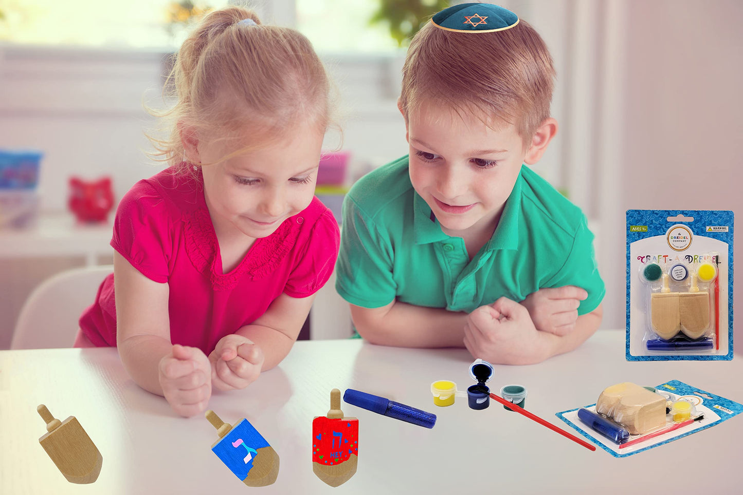 Craft-A-Dreidel, Create Your Own Custom Dreidel, Kit Includes 6 Wooden Dreidels, 9 Colors, 3 Brush, 3 Glitter - Fun and Educational (6 Dreidels)