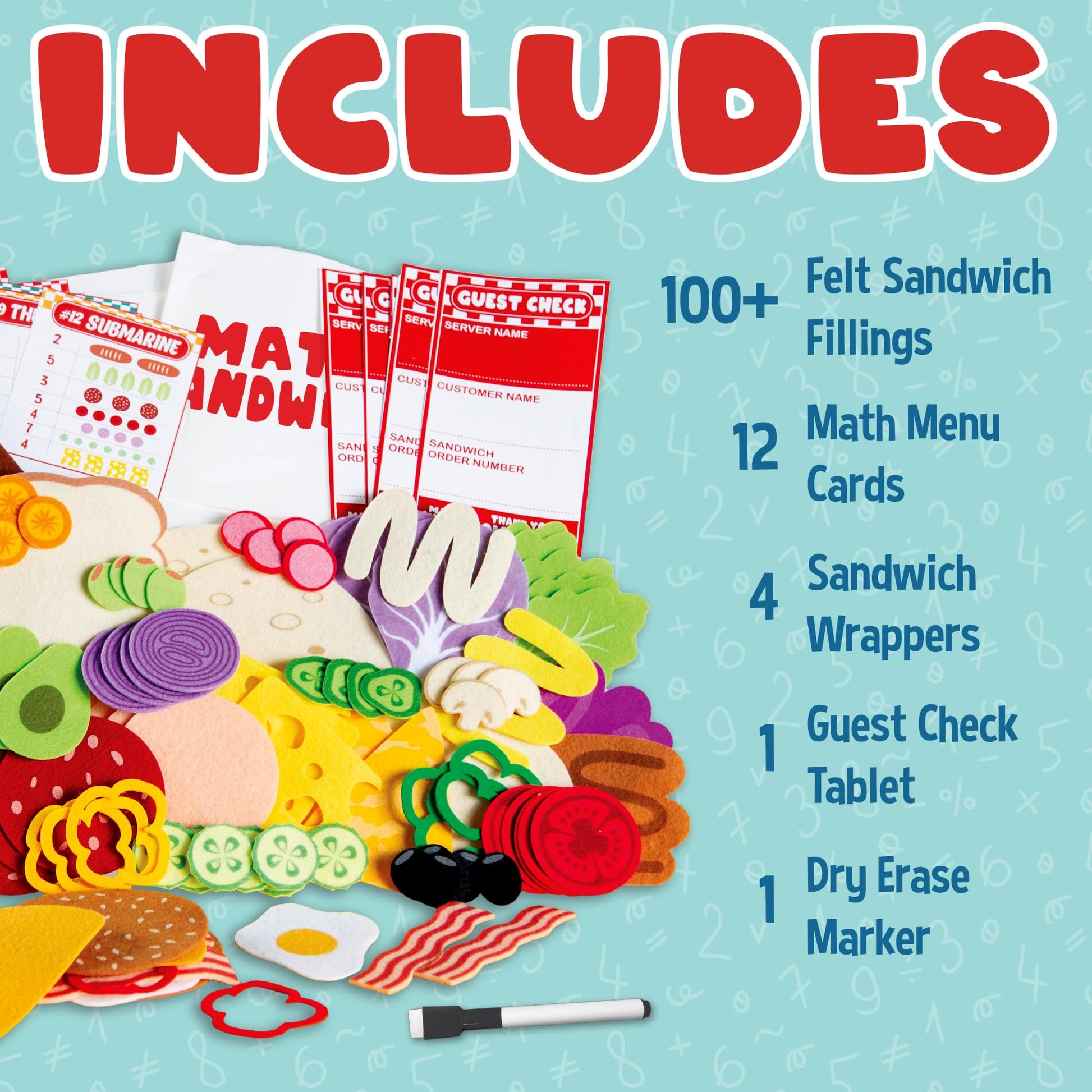 Peaceable Kingdom Math Sandwich Game: Preschool Math Games for Kids Ages 3 and Up - Includes 100+ Felt Food Pieces, 10 Menu Cards, Dry Erase Marker