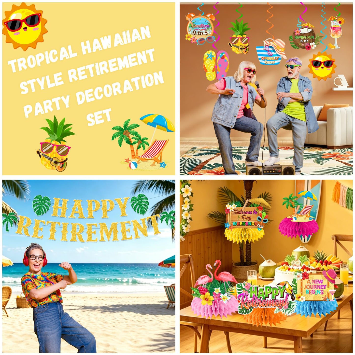 Beach Retirement Party Decorations, Aloha Retire Party Decorations includes Happy Retirements Banner Tropical Hawaiian Retirement Party Decorations