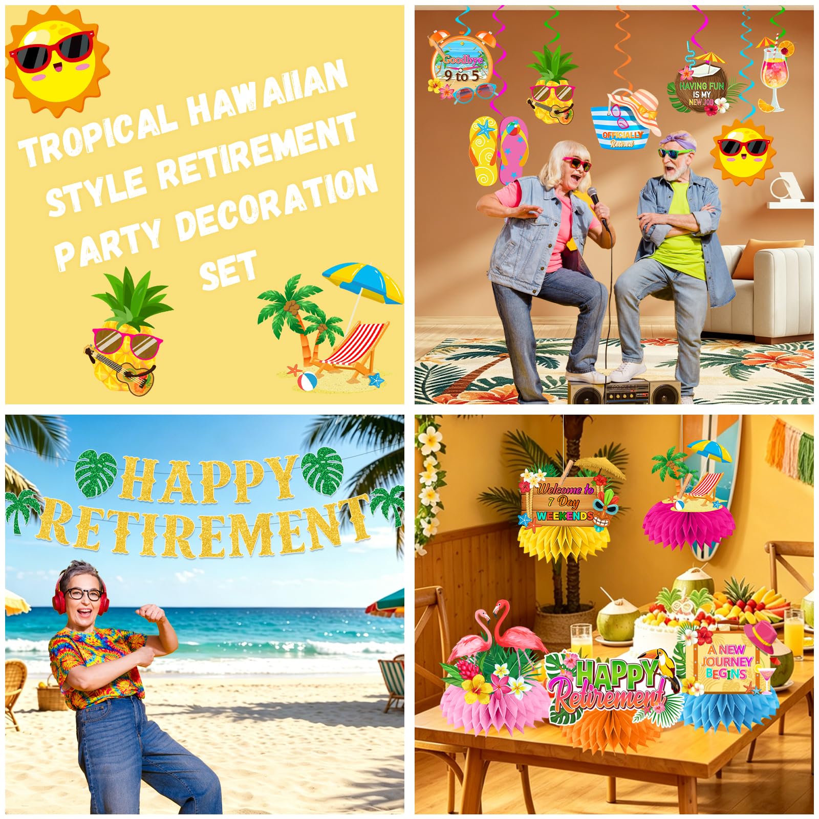 Beach Retirement Party Decorations, Aloha Retire Party Decorations includes Happy Retirements Banner Tropical Hawaiian Retirement Party Decorations