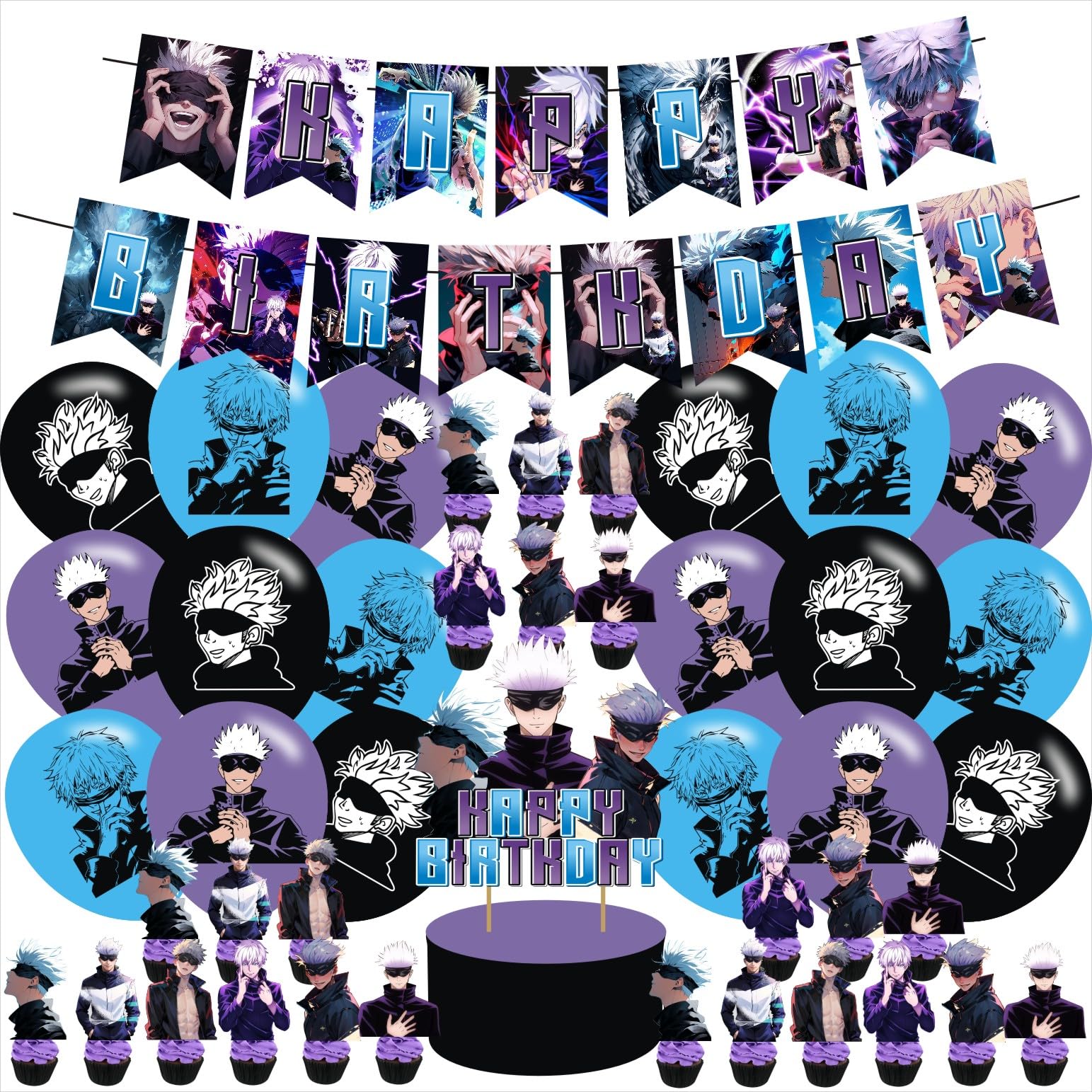 Anime Theme Birthday Banner, Cake Topper, Latex Balloons, Purple