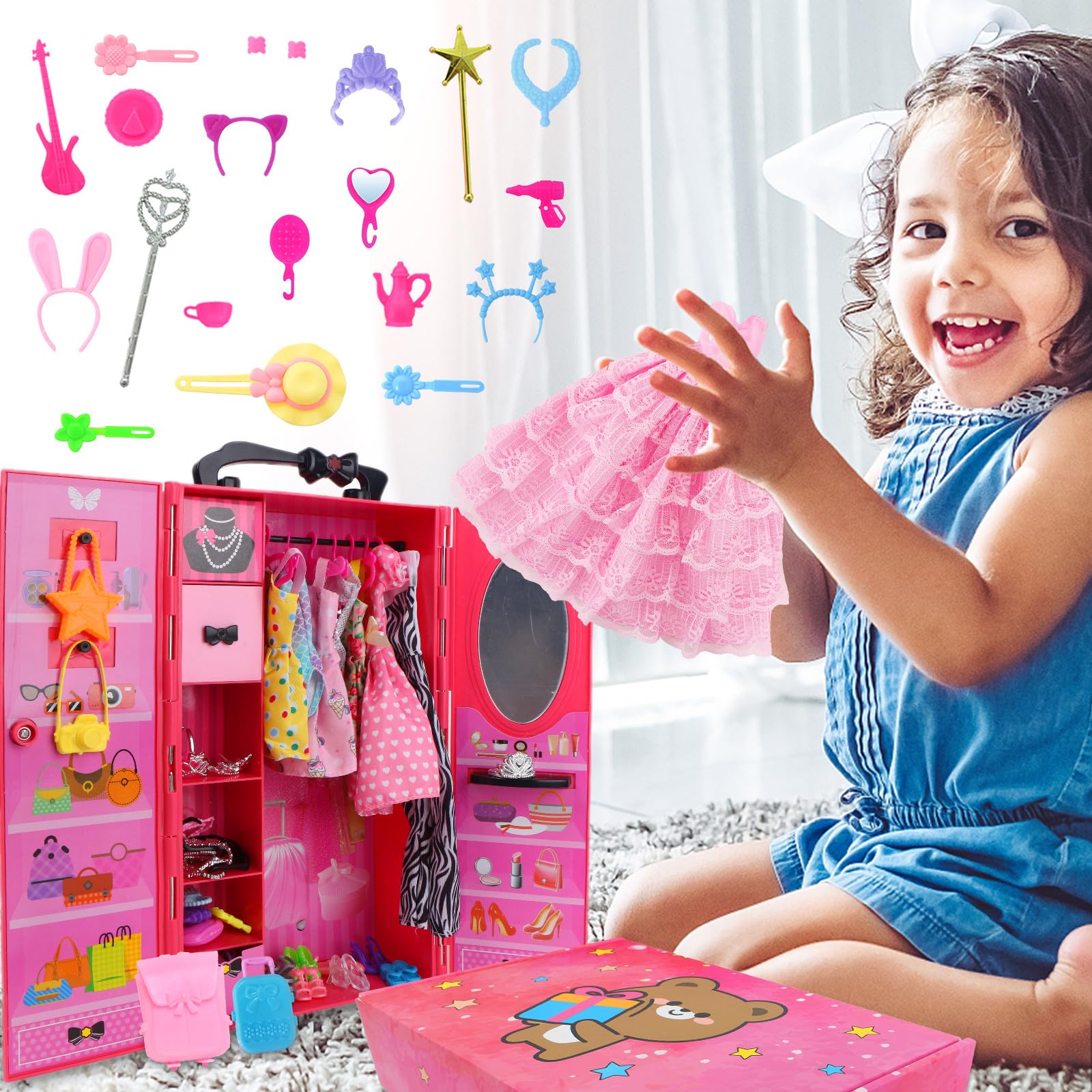 BJDBUS 127 Pcs Doll Wardrobe with Clothes and Accessories, Closet Set for 11.5 Inch Girl Doll Storage Wedding Gown Fashion Dresses Skirts Tops Pants