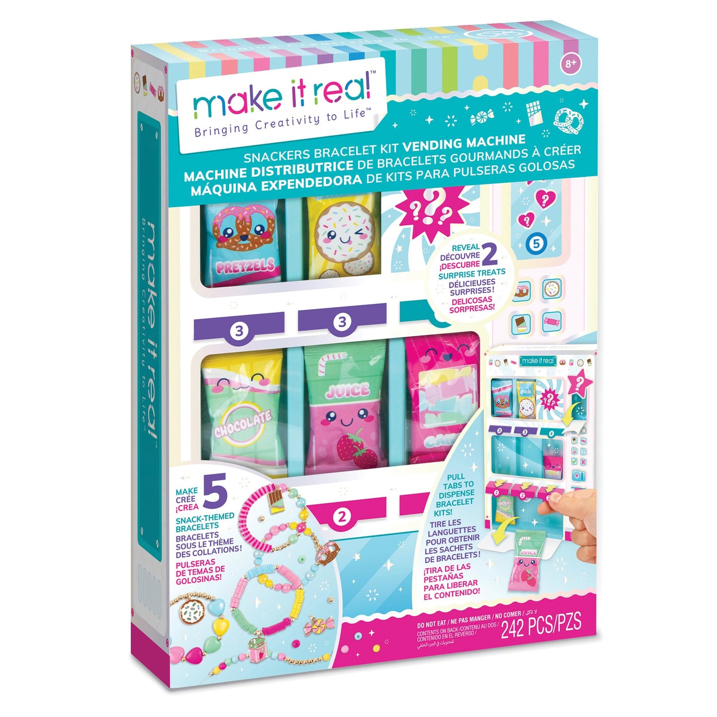 Make It Real: Snackers Bracelet Kit Vending Machine - Make 5 Snack-Themed Charm Bracelets, Pull Tab to Dispense The Jewelry Kit, Girls & Kids Ages 8+
