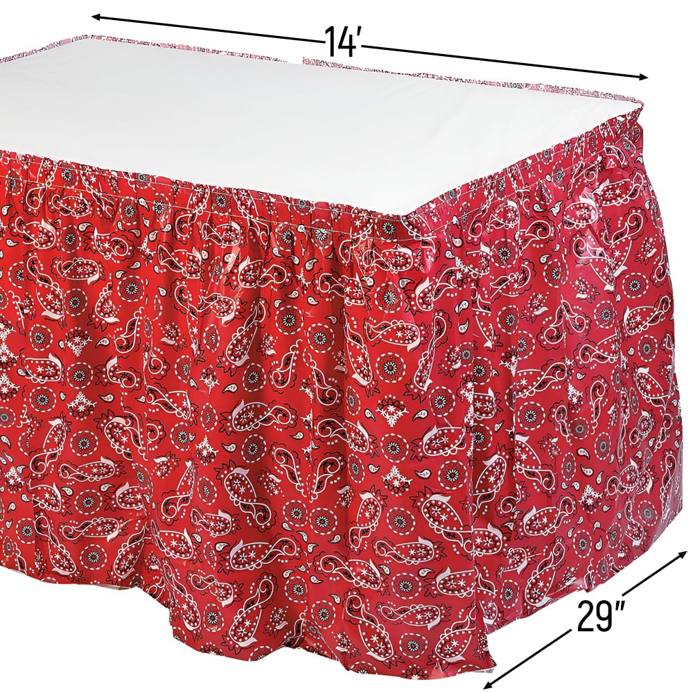 Fun Express Red Bandana Print Plastic Table Skirt for Rectangle Tables 6ft 8ft - Disposable Table Skirting with Adhesive for Western Party Table Decor