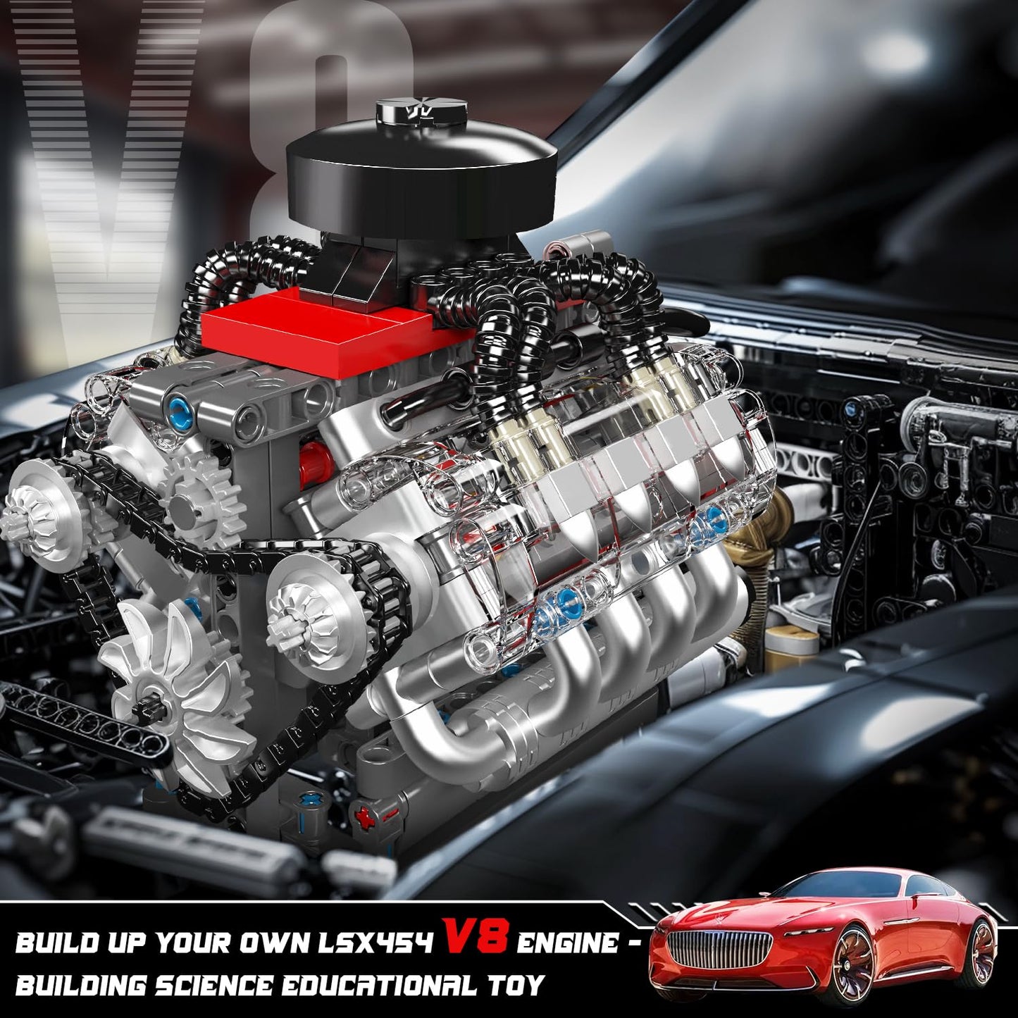 Mould King 10171 V8 Engine Model Kit, Mini V8 Engine Kits that Runs, Build Your Own Car Model Engine with Motor, Collectible Building Blocks