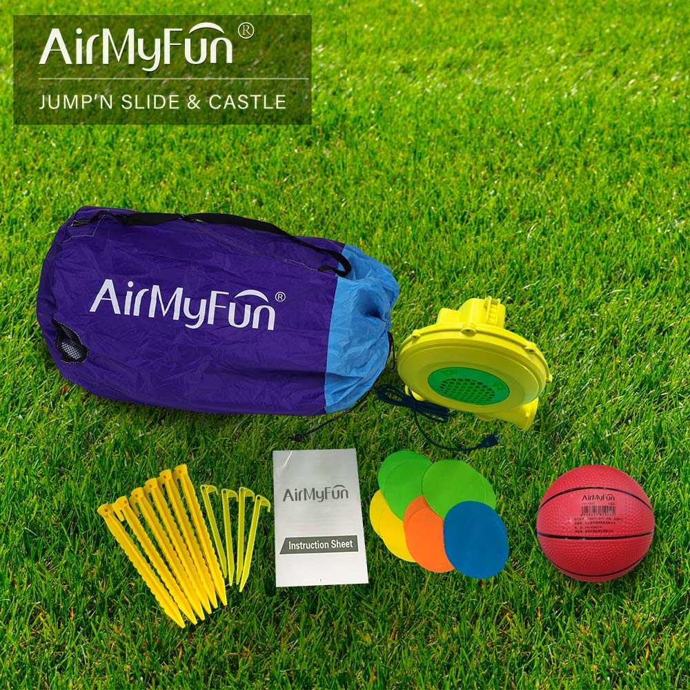 AirMyFun Inflatable Bounce House, Obstacles Bouncer & Slide with Air Blower (Purple Style)