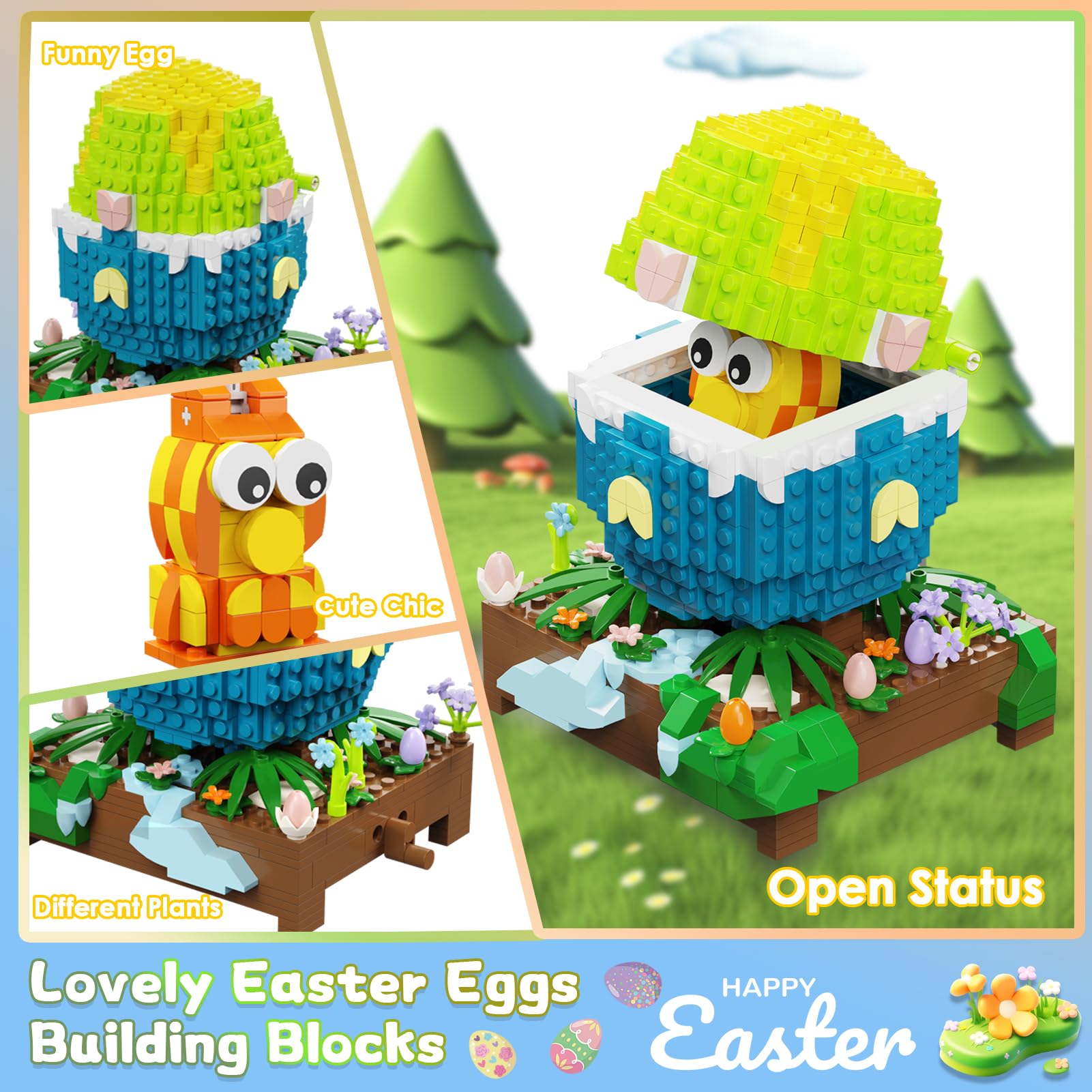 QOQ Easter Egg Building Toy, Fillable Easter Egg and Chick Micro Mini Bricks Set for Adults Kids Boys Girls Age 8+, Basket Stuffer or Gift Idea